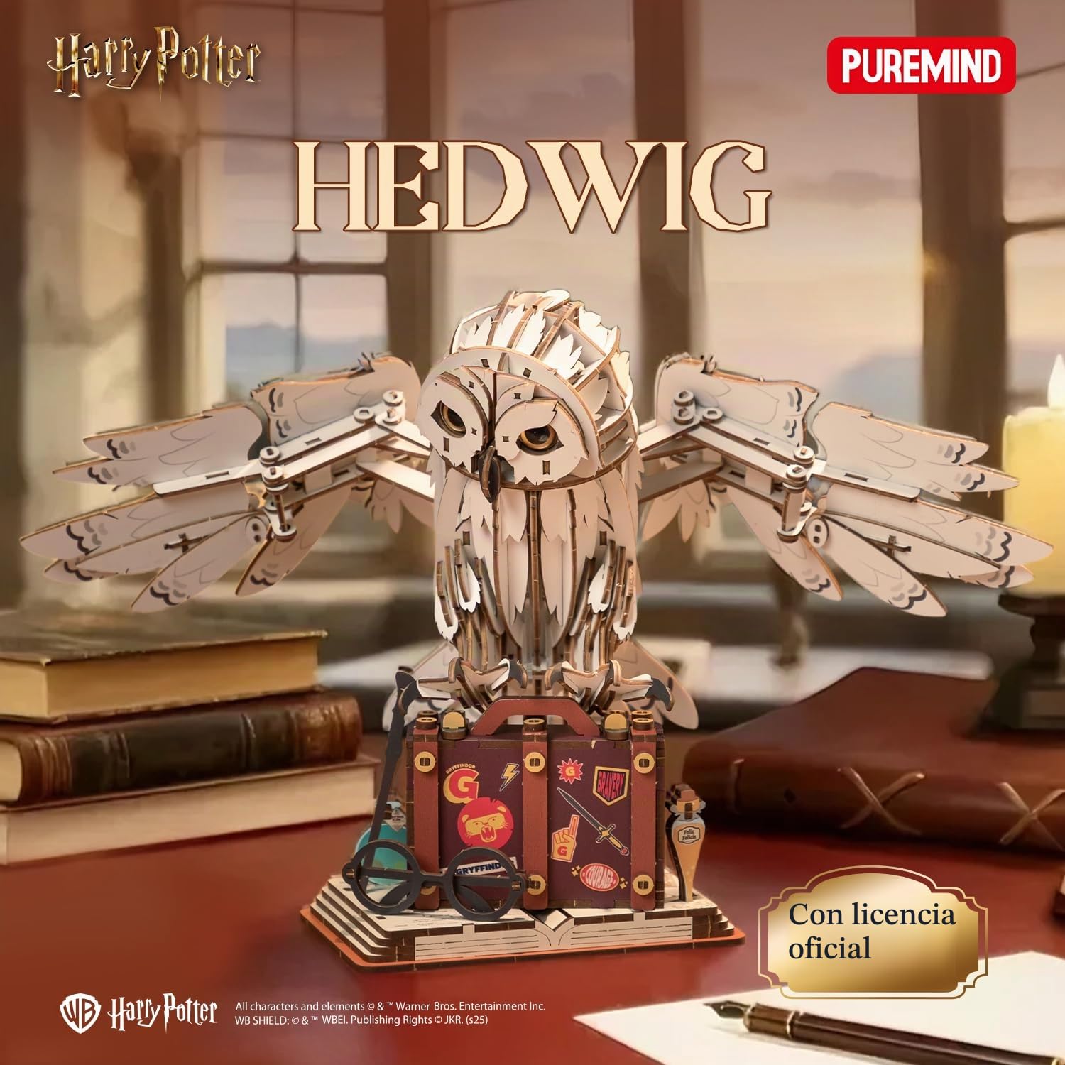 PUREMIND Harry Potter Hedwig, Puzzle 3D Madera, maqueta búho articulado DIY | Licencia oficial, regalo Harry Potter, alas móviles, cabeza giratoria, montaje DIY, acabado muy detallado, pieza de colección