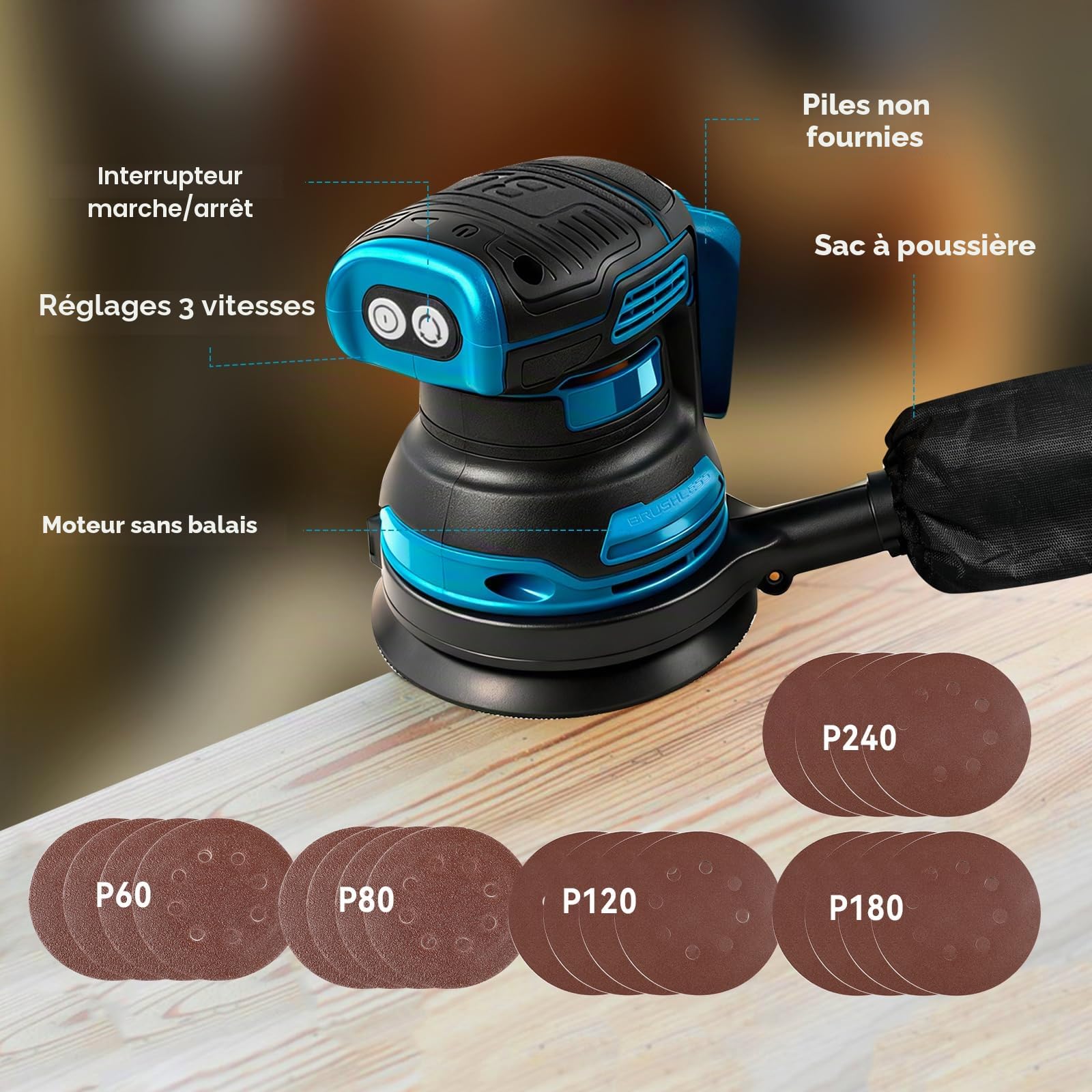 Ponceuse orbitale à mouvements aléatoires sans balai pour compatible avec batterie Makita 18V, ponceuse électrique sans balai à mouvements aléatoires à prise de 5 pouces avec 20 pièces de papier