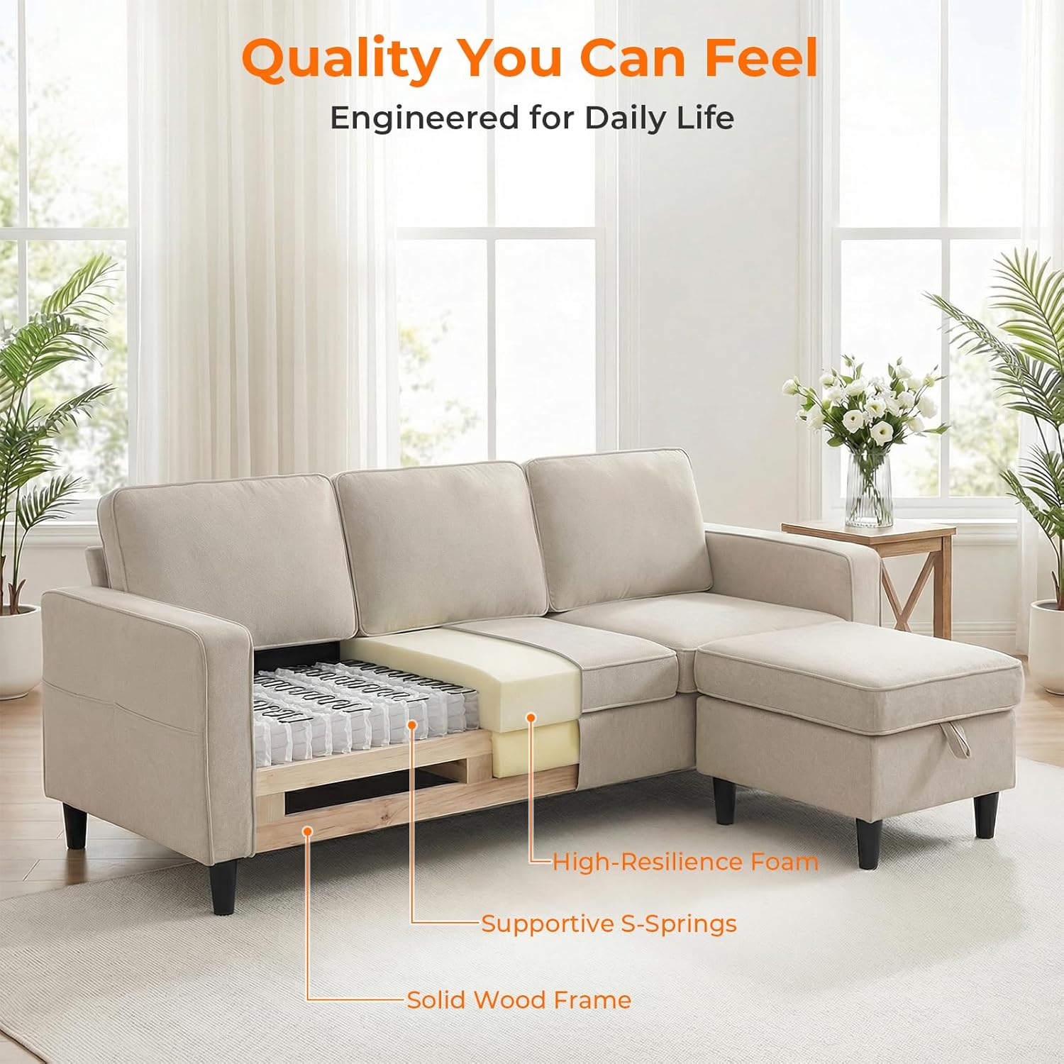 ijuicy 2PCS Sectional Sofa Set w/Ottoman,Modern Linen 5 Seater Couch Set with Movable Storage Ottoman & Side Pockets,3 Seat L Shaped Couch and Loveseat Living Room Furniture Sets (3+2 /Beige)