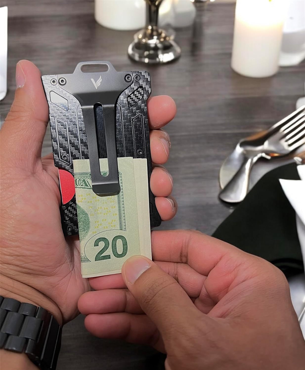 VIVIDUS Slim Mens Wallet Minimalist RFID Blocking Metal Aluminium Wallets for Men with Money Clip Credit card and cash holder, Slim wallet for men, Large, Carbon Fiber Black - Image 8