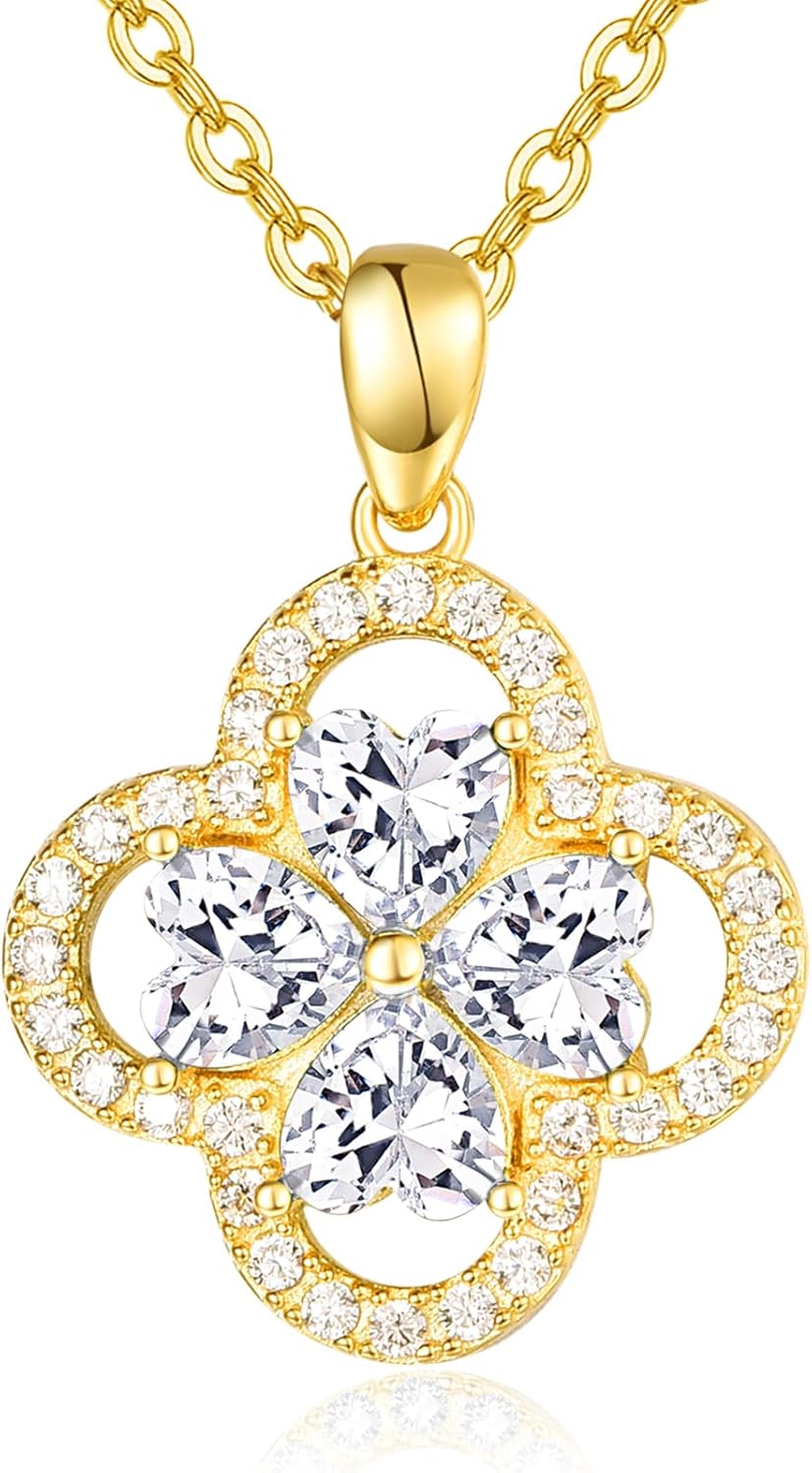 KINGWHYTE Four Leaf Clover Necklace 925 Sterling Silver Clover Pendant Necklaces with Heart Zircon Irish Good Luck Shamrock Jewelry Birthday Christmas Graduation Gifts for Women