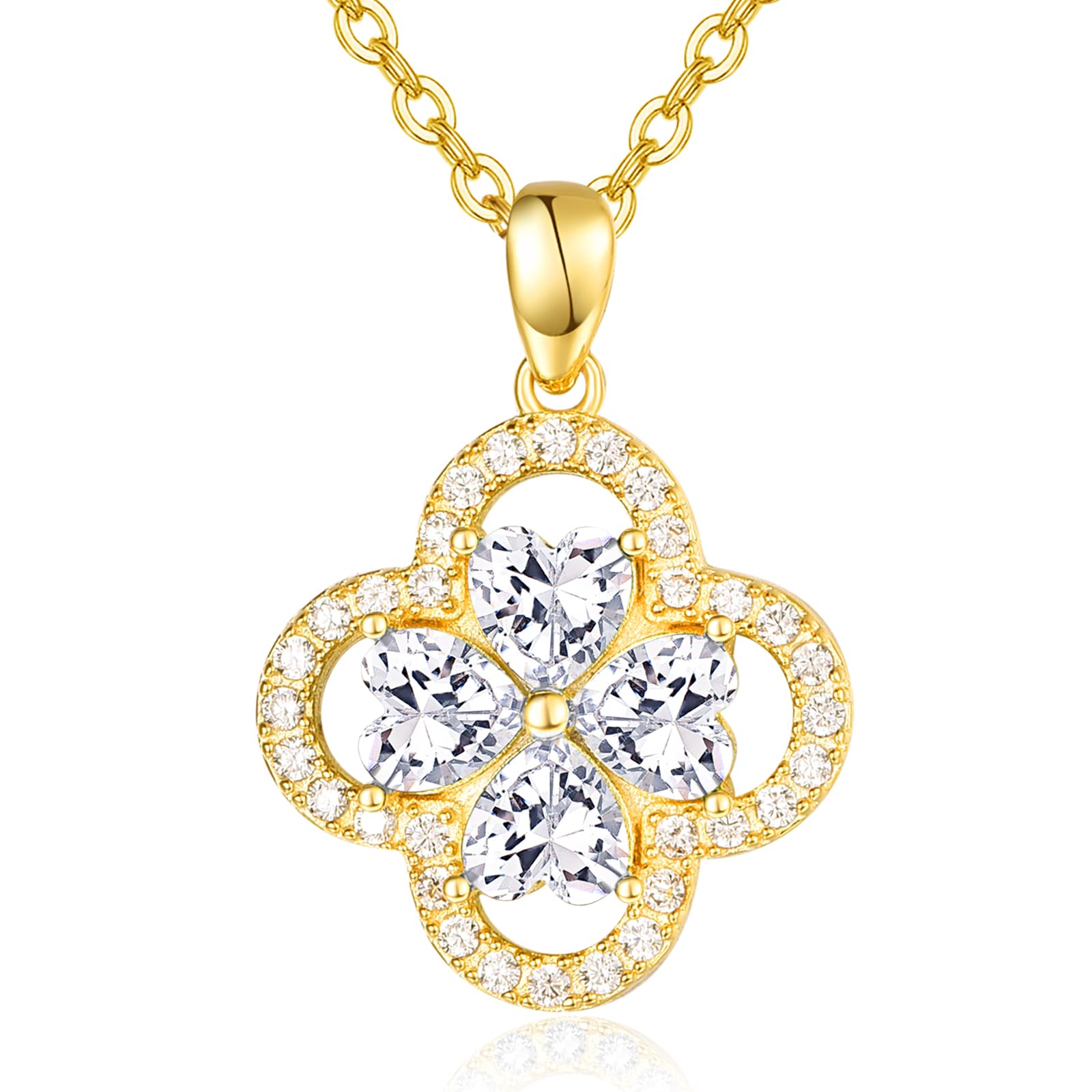 KINGWHYTE Four Leaf Clover Necklace 925 Sterling Silver Clover Pendant Necklaces with Heart Zircon Irish Good Luck Shamrock Jewelry Birthday Christmas