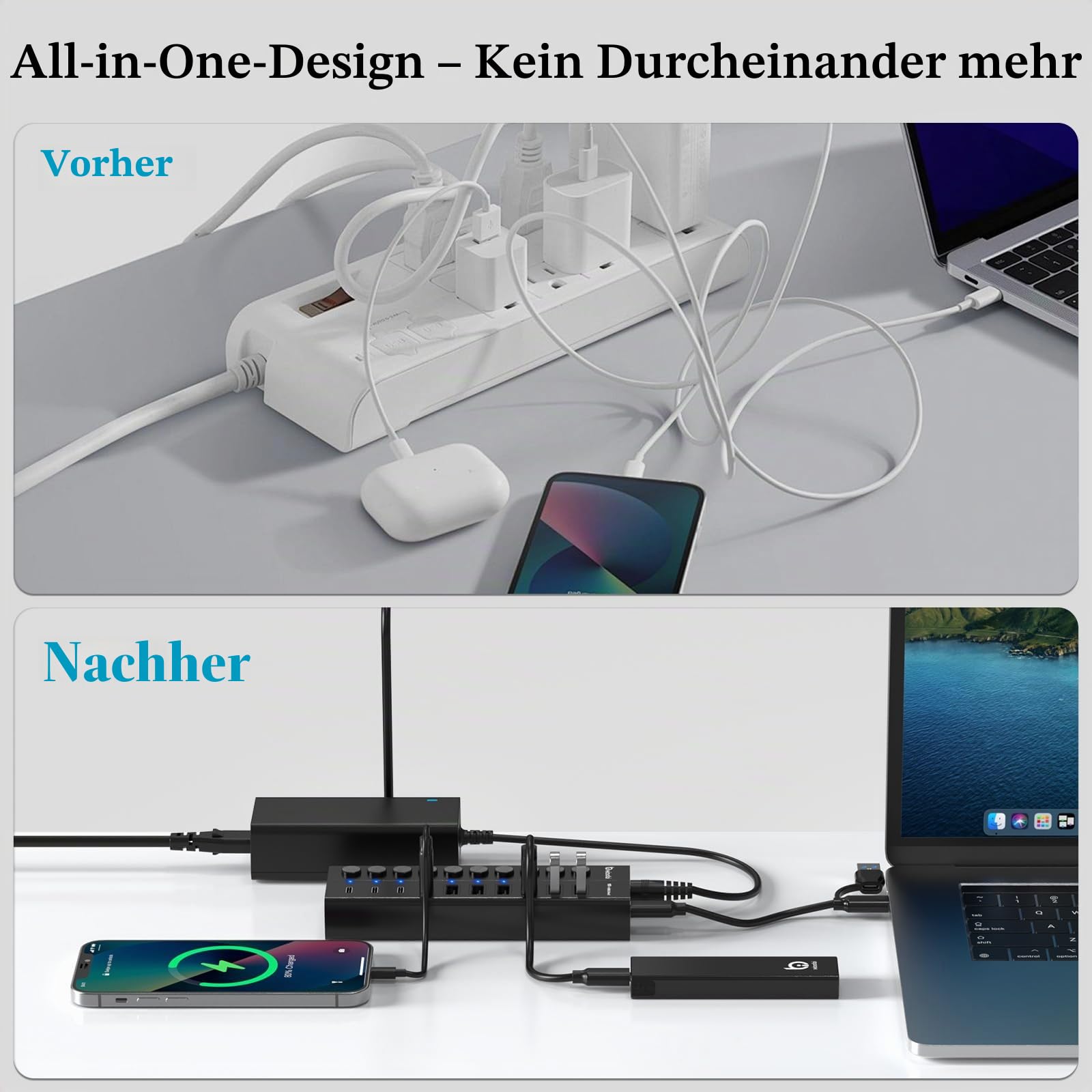 10 Port USB Hub mit Netzteil 60W - 10Gbps USB 3.2 Gen 2 Hub Aktiv aus Aluminium mit 6 USB-A & 4 USB-C Ports Individuelle EIN/Aus Schalter BC1.2 Schnelladung für MacBook, PC, Laptop schwarz