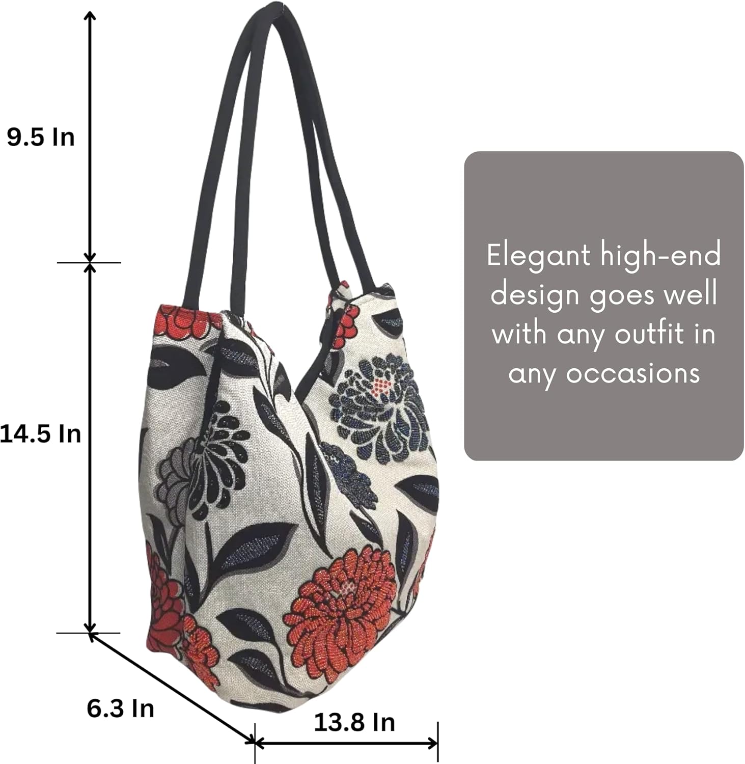 HCRAFT Embroidered Handbags for Women, Large Beads Flower Shoulder Tote Bag with Zipper Fabric Hobo Bags, Mother's Day Bag - Image 3