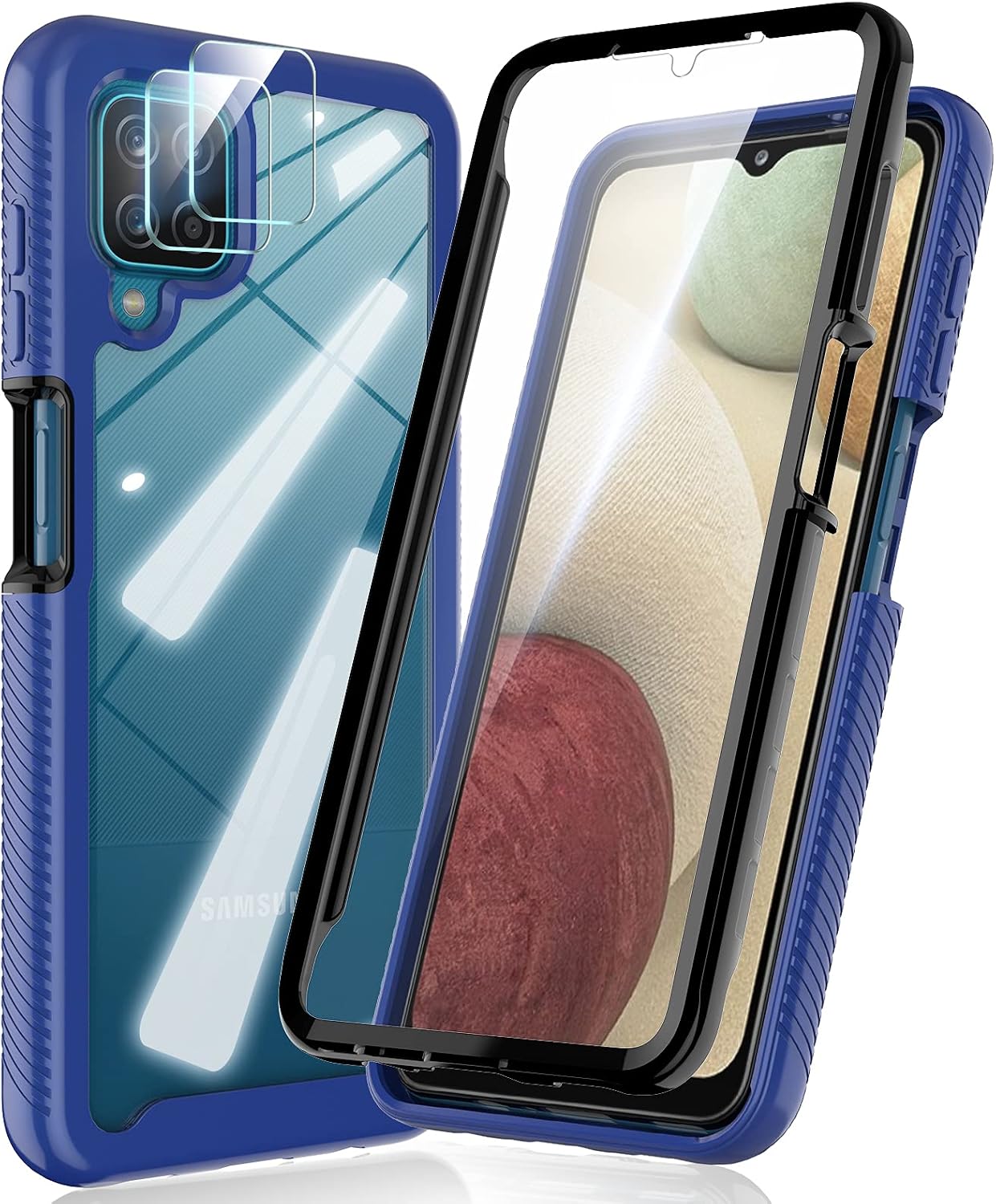 HATOSHI Samsung Galaxy A12 Case with Built in Screen Protector and 2 Pack Camera Lens Protector, [Military-Grade Shockproof] Rugged Full-Body Rubber Protective Phone Case Cover for Samsung A12, Blue