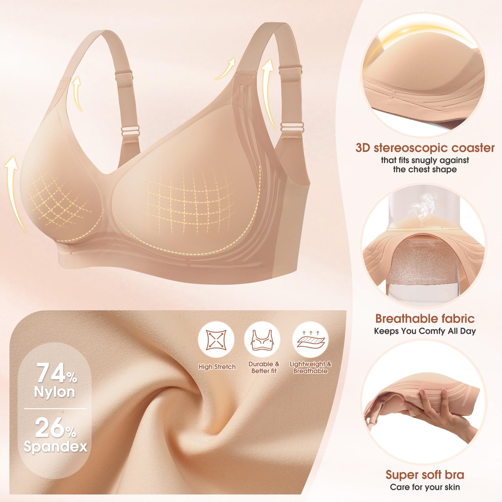 XJBTBA Biustonosze damskie Plus Size Biustonosz push-up bez fiszbin Pełne pokrycie Staniki podtrzymujące Wygodny bezprzewodowy biustonosz bez szwu Biustonosz damski na co dzień z wyjmowaną wyściółką