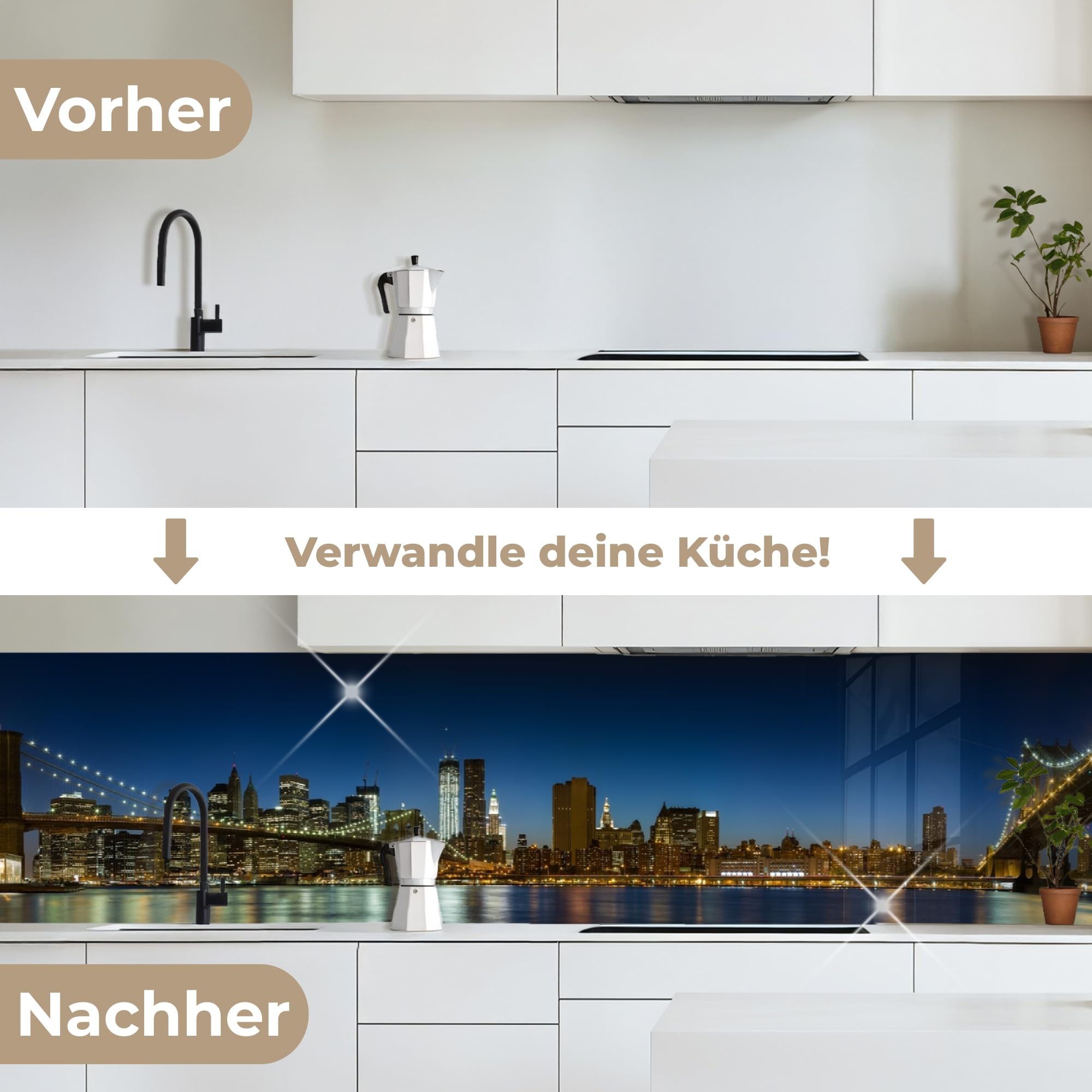 KitchenYeah© Spritzschutz Küchenrückwand 60x300 cm Selbstklebend Küche Rückwand Küchenwand Wand Küchenfront Verkleidung Küchenspritzschutz Stadtlichter - Abend - Skyline - Brücke