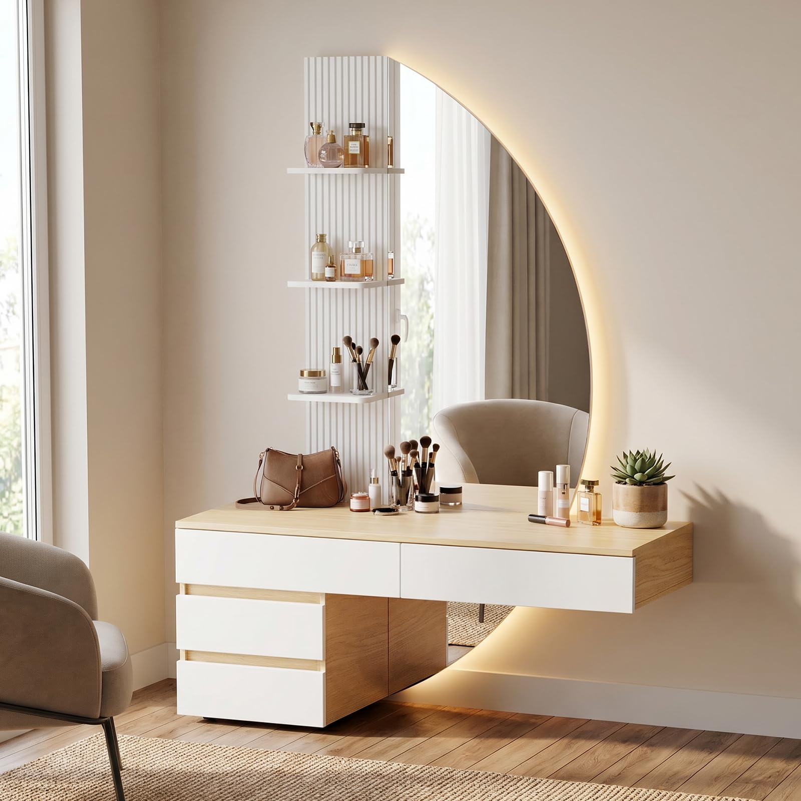TRIUMPHKEY Tocador de Pared con Espejo en Forma de Media Luna y Luz LED Regulable, Mesa de Maquillaje Flotante con 4 Cajones y 3 Estantes, Tocador Moderno de Ahorro de Espacio para Dormitorio (Blanco)