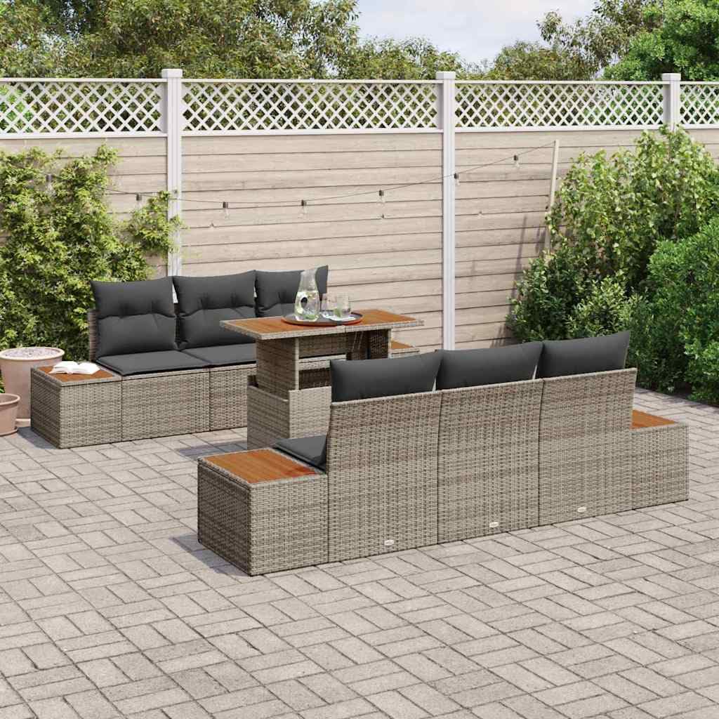 Garten Essgruppe 7 pcs Grau Braun mit Kissen, Poly-Rattan Gartentischset mit 4 Seitensofas, 2 Mittelsitzen, Stauraumfächern, verstellbaren Füßen für Terrasse und Balkon