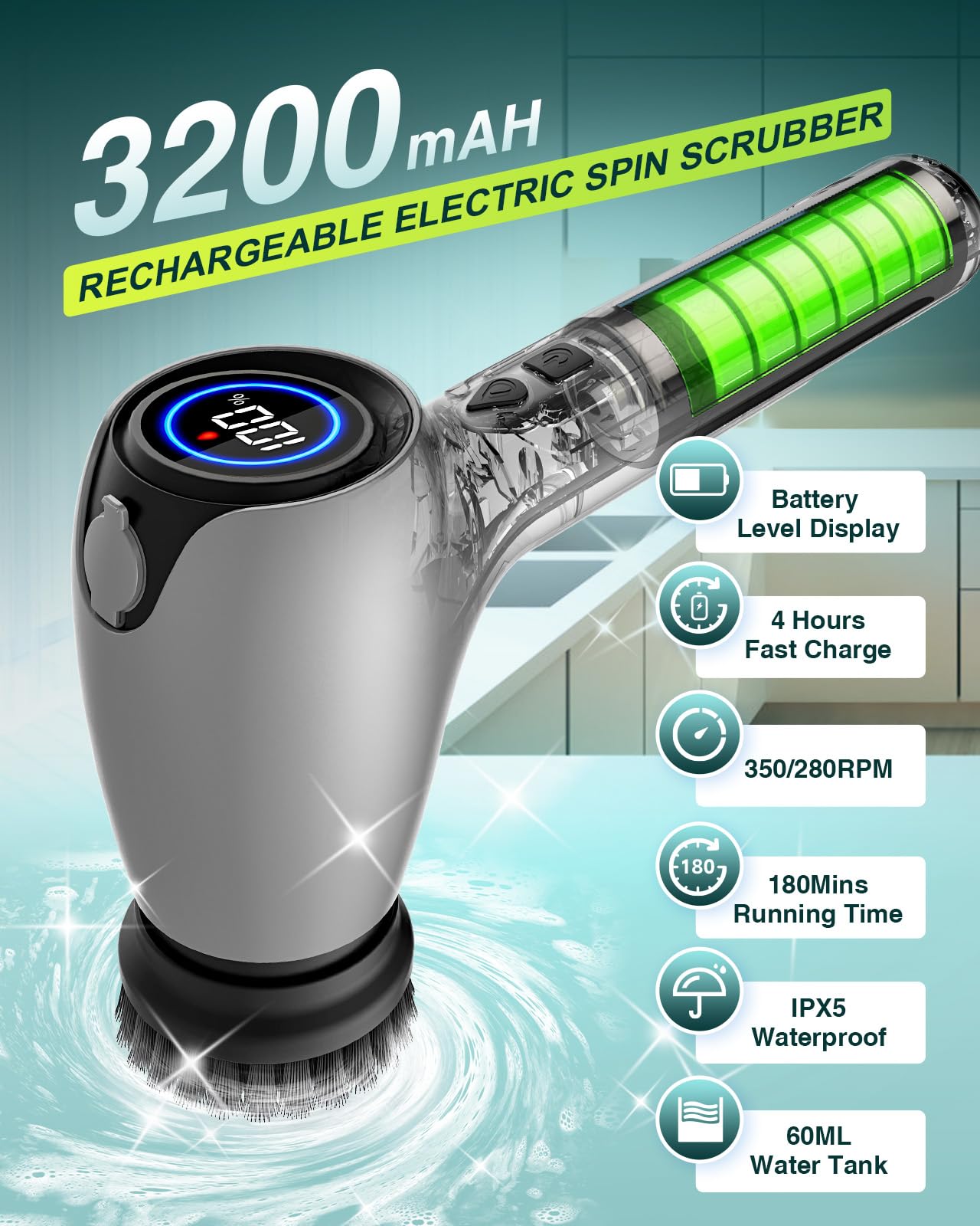 Spazzola elettrica per la pulizia, 9 in 1, efficiente e a 2 velocità, con ricarica USB, spazzola elettrica per bagno, casa, piastrelle e pavimenti