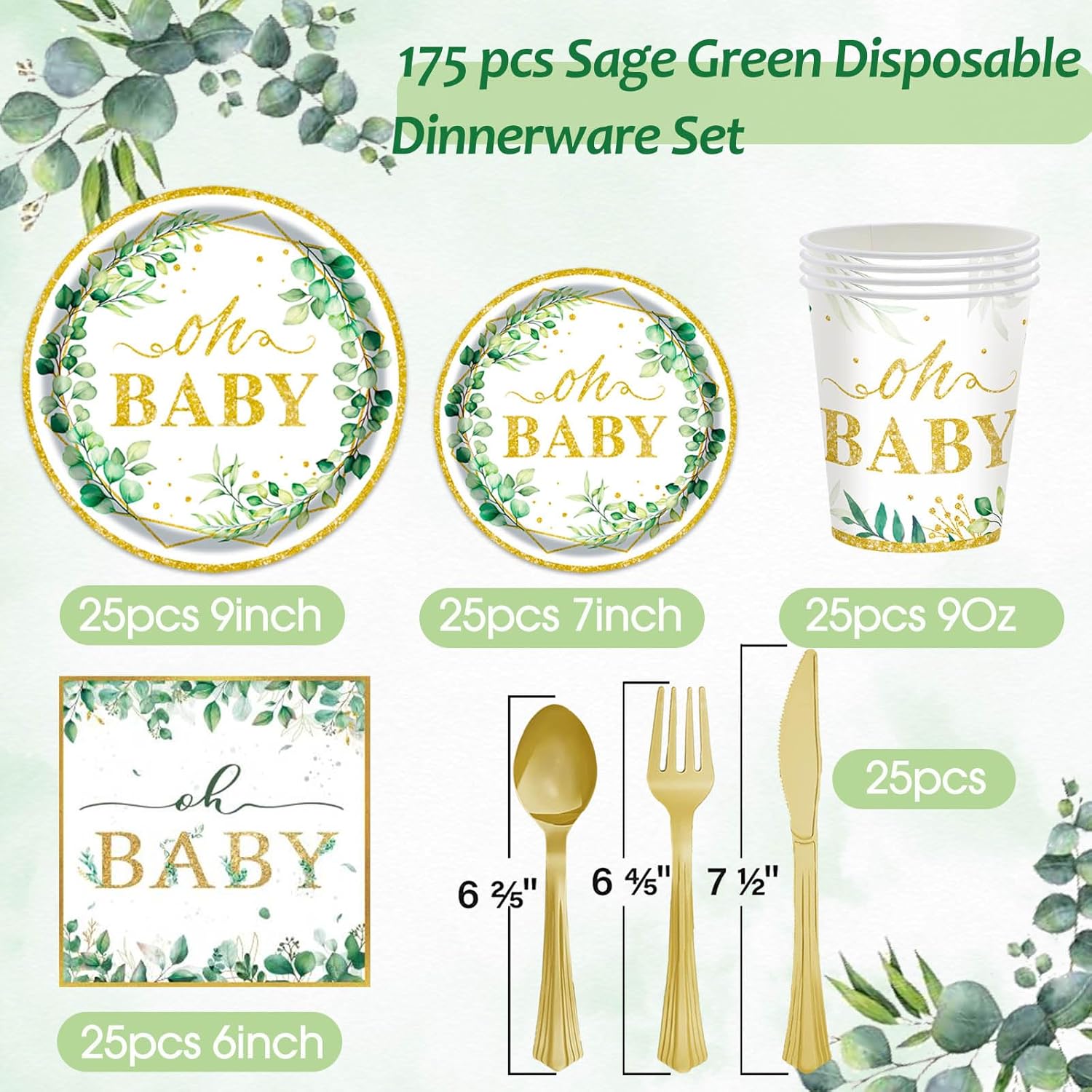 Sage Green Baby Shower Decorations,Sage Greenery BabyShower Plates and Napkins Tableware Set, Gender Neutral Baby Shower Decorations Oh Baby Party Supplies, Disposable Paper Plates Napkins for Baby G