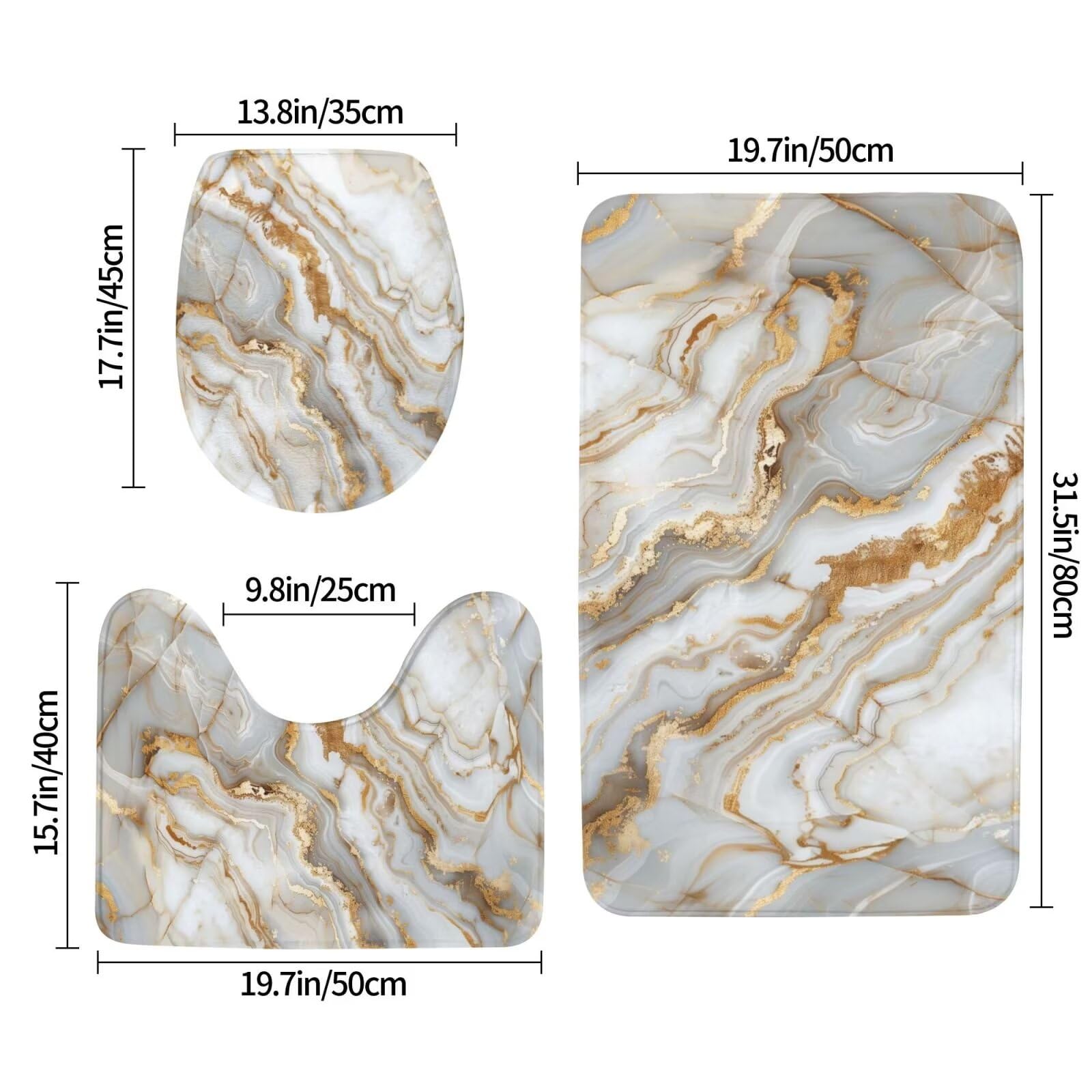 Juego de 3 alfombrillas de baño de mármol dorado, juego de alfombras de baño abstractas con parte trasera de goma con contorno en forma de U para baño, baño, suelo, ducha, mármol blanco
