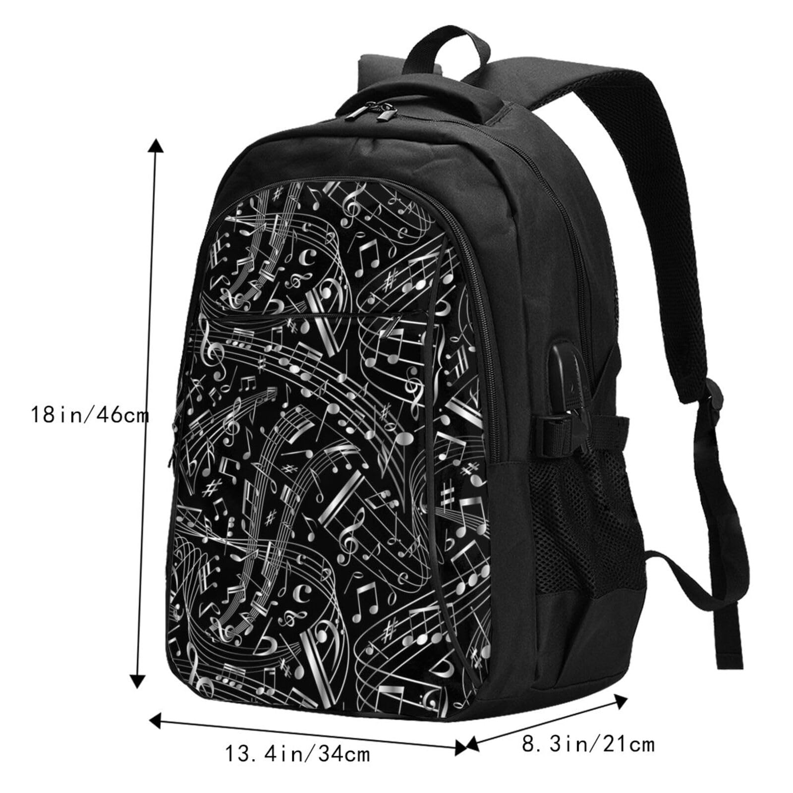 InOmak Schwarze Musiknoten, Reiserucksack, Freizeitrucksack, Schulrucksack, Laptop-Rucksack für Damen und Herren