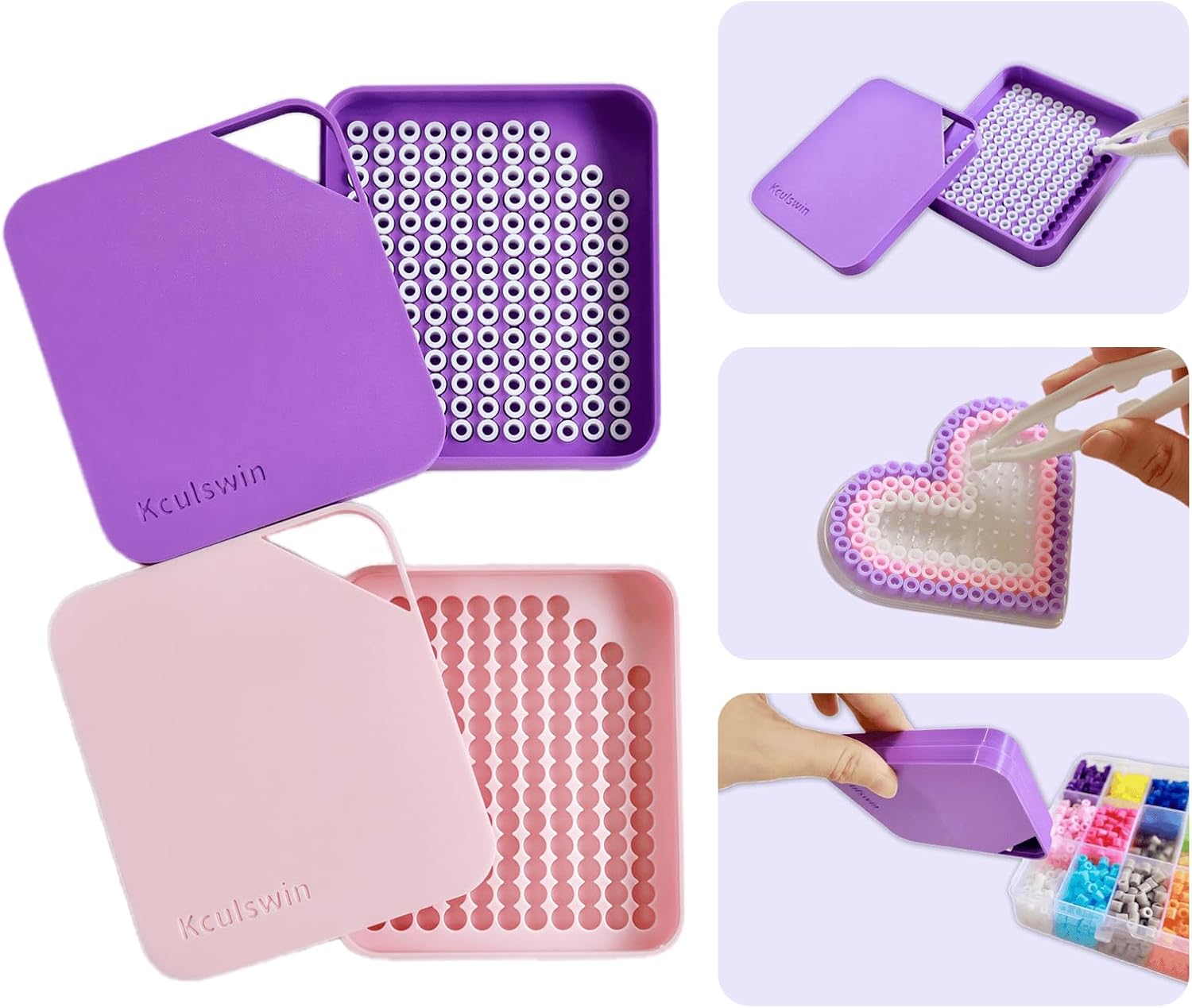 2 Pcs 5mm Fuse Beads Picking Tray Kit with Total 296 Holes, Efficient Sorting Tools with Effortless Beads Recovery, User-Friendly for Iron Bead Enthusiasts (Pink and Purple)