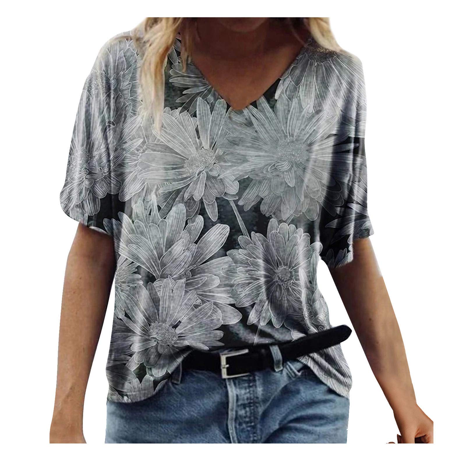 VEMOW Camiseta de Mujer Manga Corta Suelta con Cuello en V, Verano Viento De Playa Estampado Retro Informal A La Moda Basica Blusa Superior Jersey Camisetas Mujer Fiesta Tops Tallas Grandes(C Gris,L)