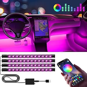 Winzwon Car LED Interior Lighting, 4 Pieces 48 LED Car Strip Interior Lighting Multicoloured Music Ambient Lighting with A…