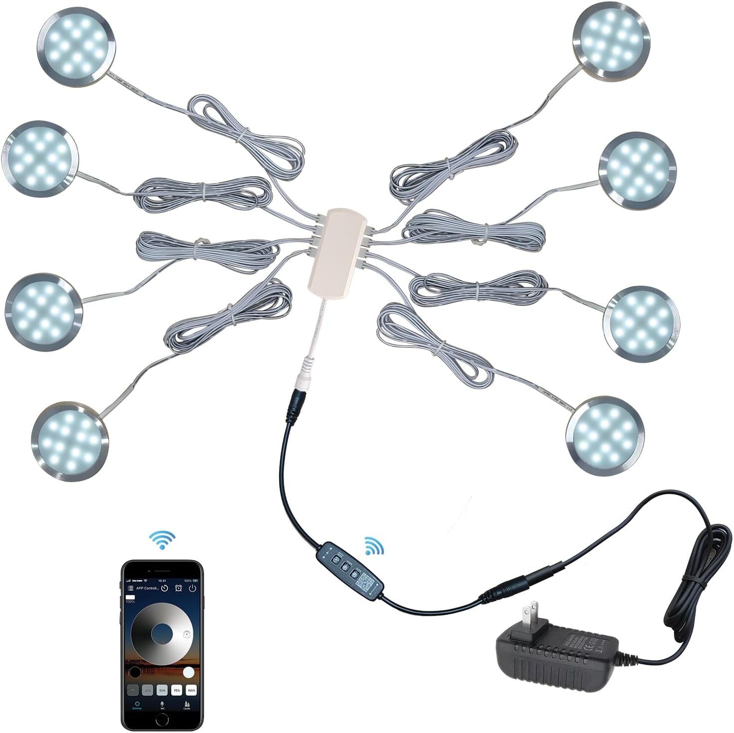 Puck Lights 8 Pack Bluetooth APP Smart Control Dimmable Tact Switch Under Cabinet Lighting DC 12V Adaptor (Silver, Cool White Light)