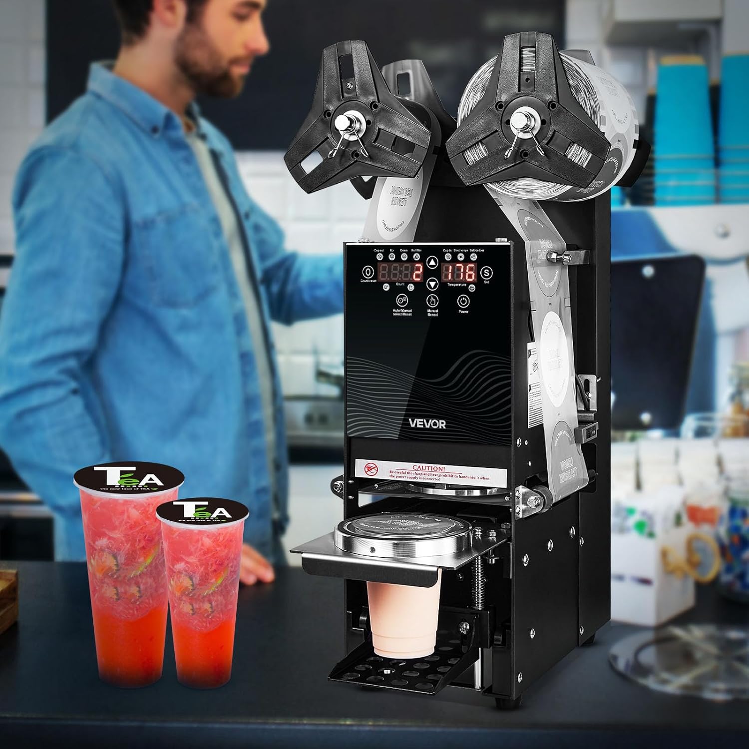 VEVOR Fully Automatic Cup Sealing Machine, 500-650 Cups/H, Cup Sealer Machine for 180 mm Tall & 90/95 mm Cup, Electric Tea Sealer with Digital Control LCD Panel for Bubble Milk Tea Coffee, Black