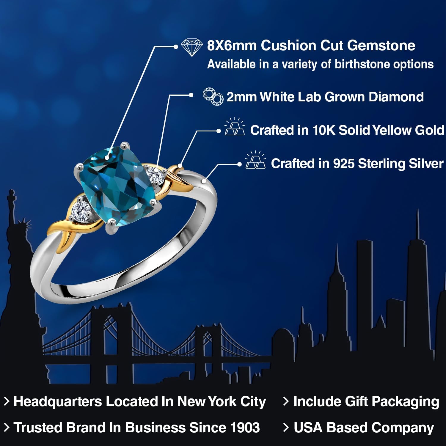 Gem Stone King Customized Personalized Engraved 3-Stone Ring For Women | 925 Sterling Silver and 10K Yellow Gold | Gemstone Birthstone and White Lab Grown Diamond | Cushion 8X6MM and Round 2MM