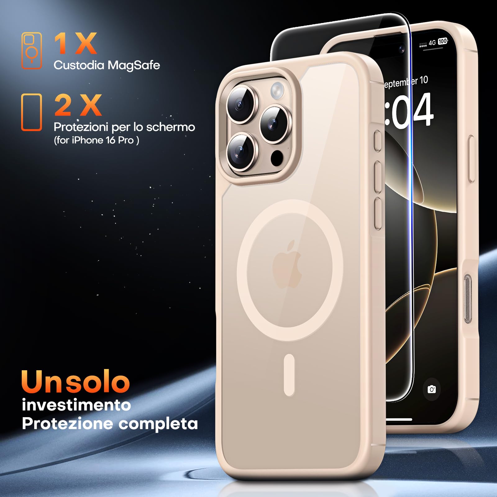 TAURI 3 in 1 Kit Magnetica Cover per iPhone 16 Pro [Compatibile con MagSafe] con 2 Pellicola in Vetro Temperato, Custodia Rigida per Sottile Anticaduta - Oro Scuro