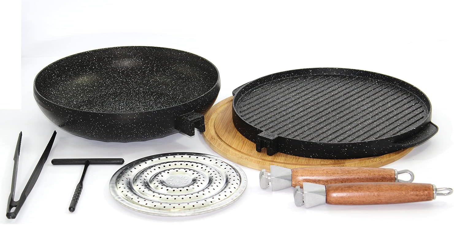 Testo Romagnolo Round Non-Stick Smooth Lava Stone Double Boiler Pans and Grill + Wok + Moulded Wood Trivet + Oven Effect Heat Diffuser Diametro: 32; 30 Cm black