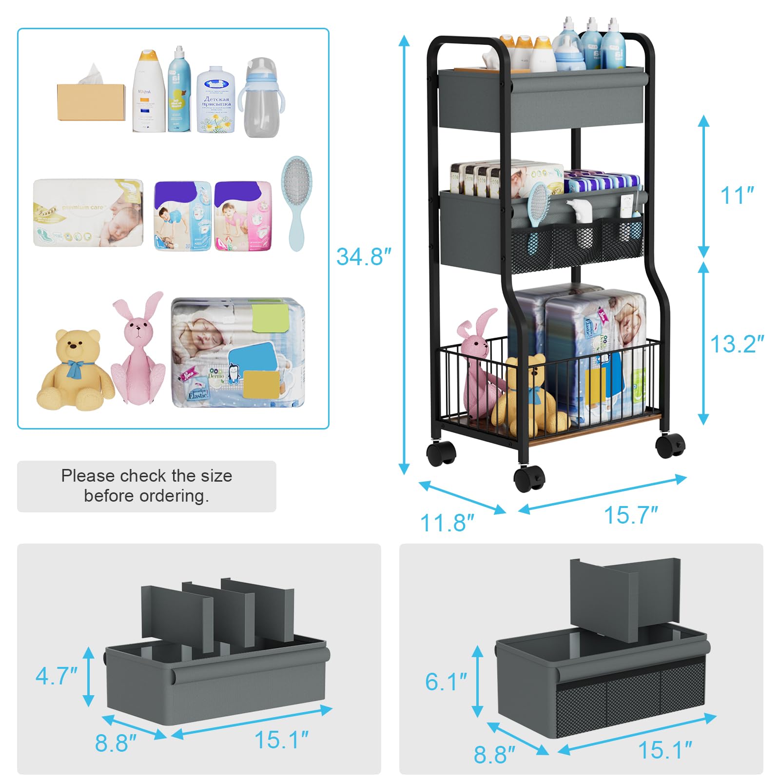 Organizador de pañales para bebé y carrito de almacenamiento con 4 + 3 divisores, carrito de pañales rodante de 3 niveles, carrito de noche para artículos esenciales del bebé con ruedas para