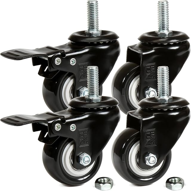 H&S 4 Castor Wheels Heavy Duty 200KG 50mm PU Rubber Swivel Trolley Furniture Caster with Brakes Black - Screw