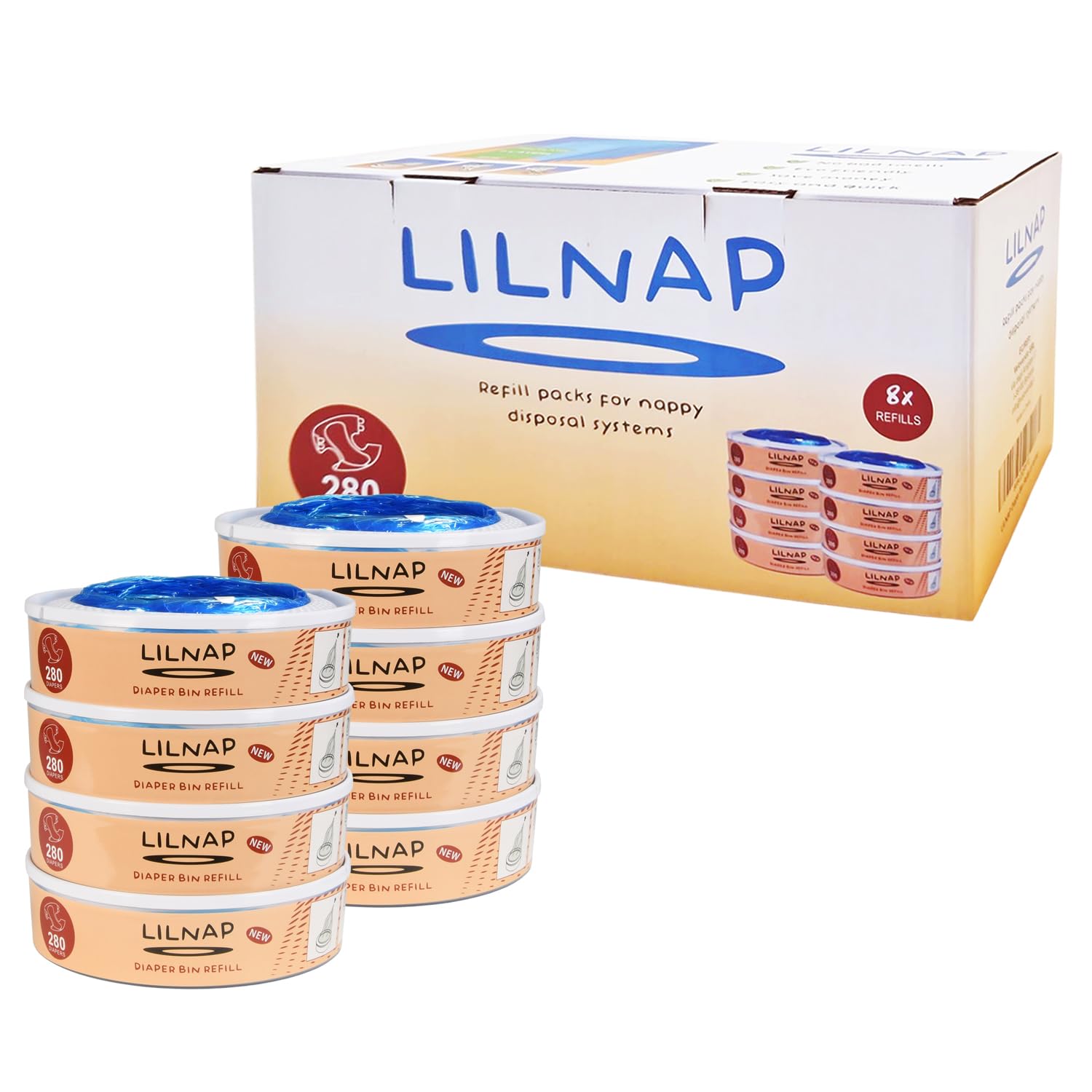LILNAP - 8 Recambios compatible con el contenedor de pañales Angelcare - recarga multicapa con tratamiento EVOH antibacteriano (nuevo modelo)