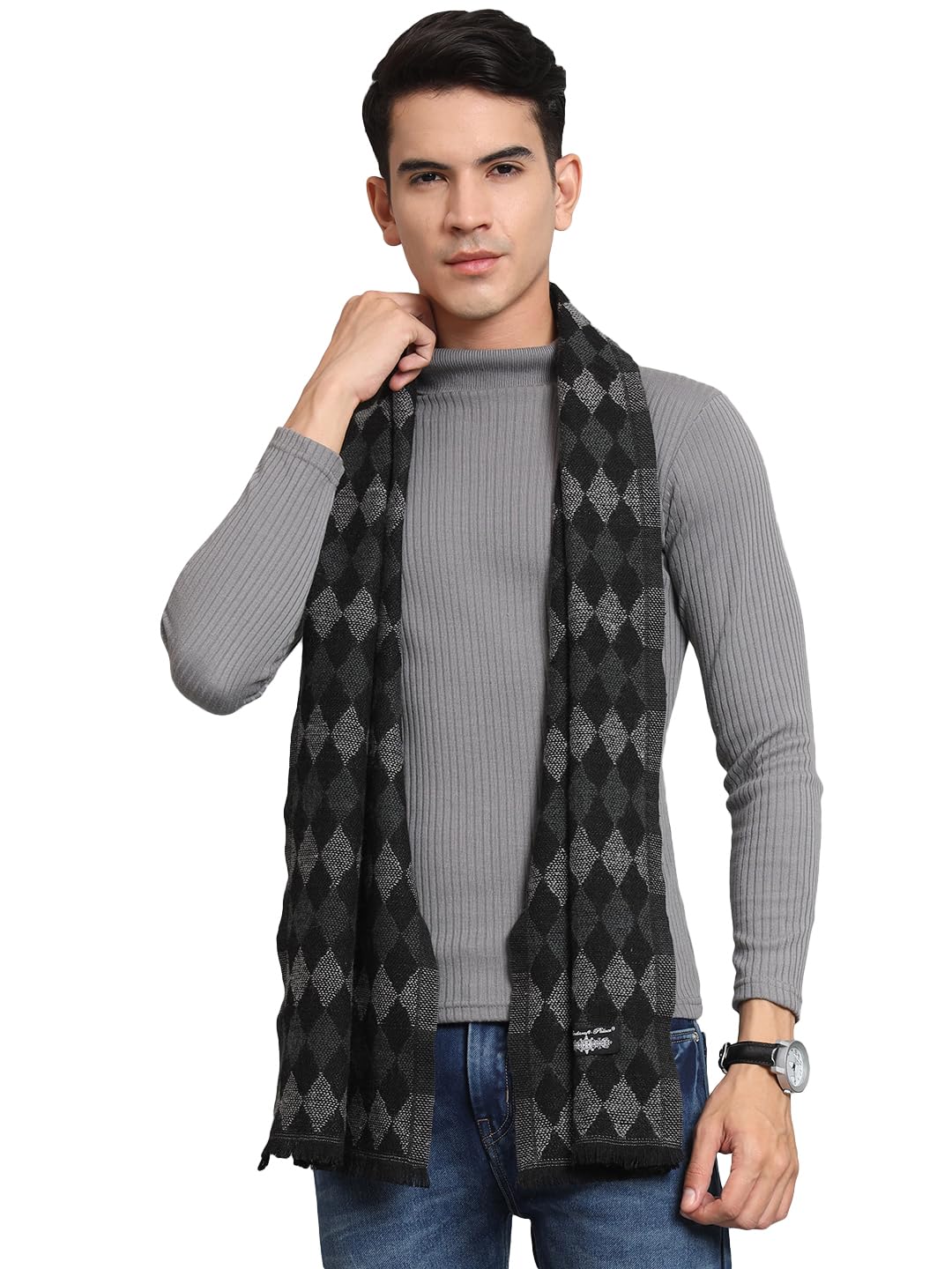 Ravaiyaa - Attitude is everything Soft Woollen Muffler for Men/Boys, Check Design Scarf for Winters 72"X14" Inch (Black & Grey)-picture-25
