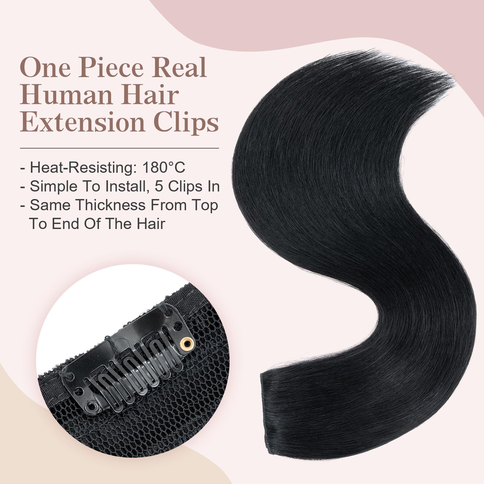 SEGOHAIR Clip in Human Hair Extensions, 20" One Piece 5 Clips Thick Clip in Hair Extension - 3/4 Full Head - Jet Black - Image 2