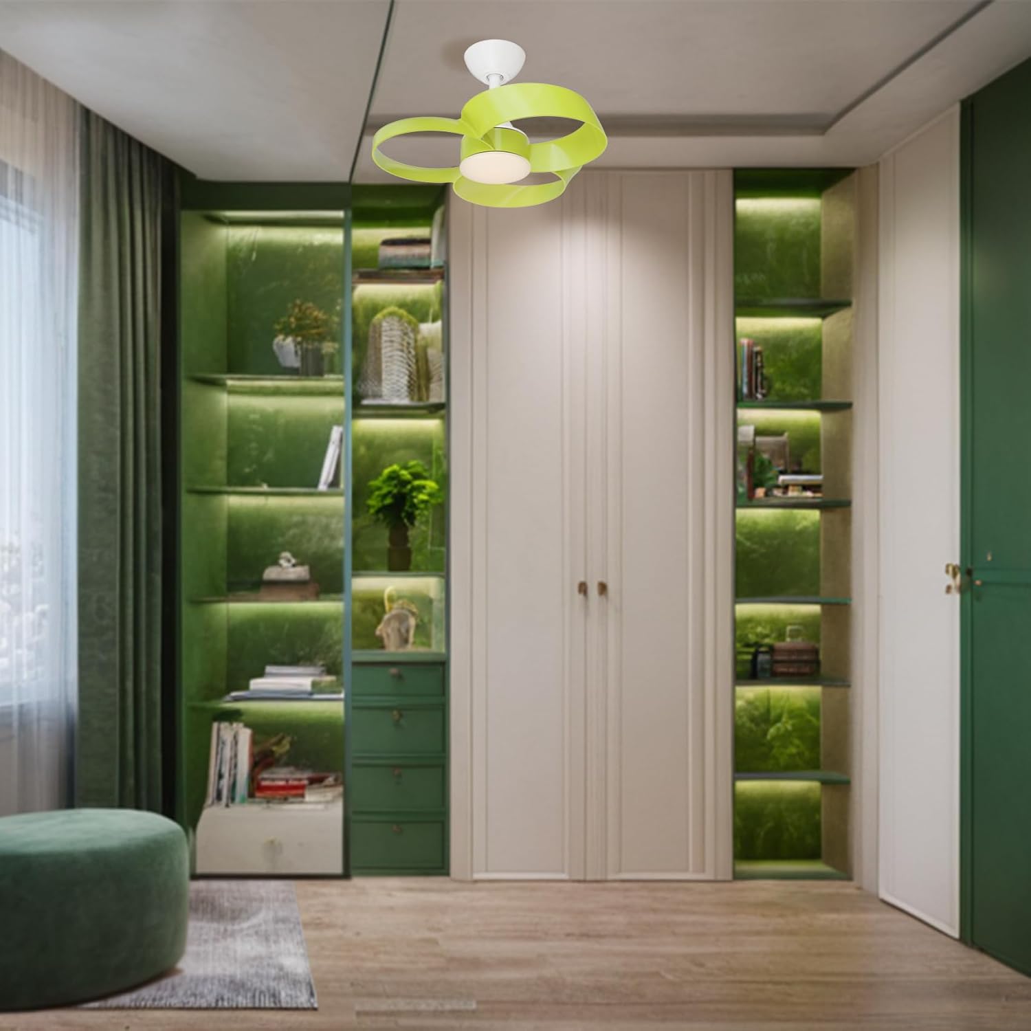 FANX 22 Inch Ceiling Fan with Light and Remote, Quiet DC Motor, Dimmable LED, Reversible 3-Speed Control, Easy Installation Flush Mount Fan for Small Rooms (Green)