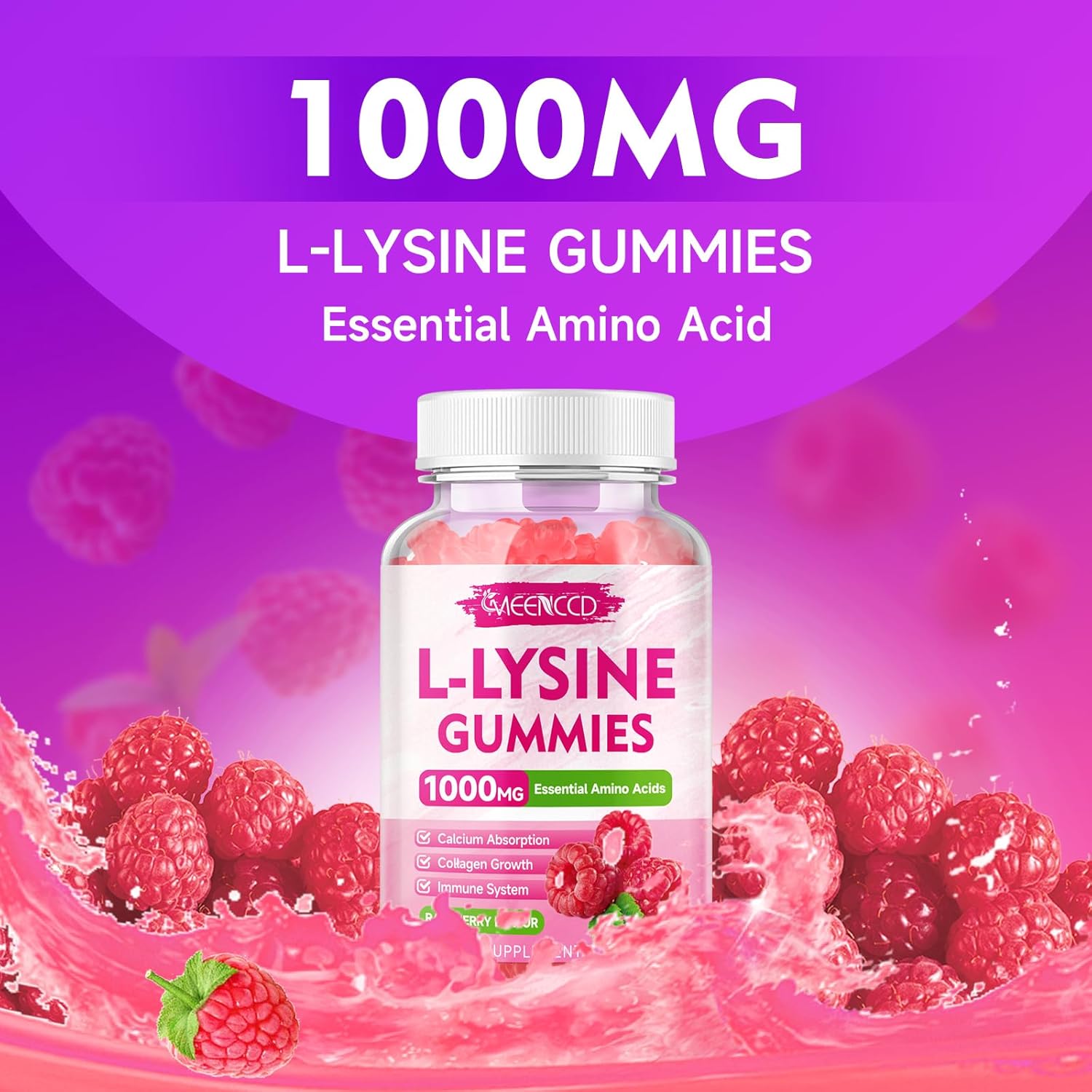 MEENCCD 2 Pack L-Lysine 1000mg Gummies, Lysine Supplement for Adults & Kids, Essential Amino Acid Supplement Supports Collagen Formation, Sugar-Free, Raspberry Flavor, 120 Count