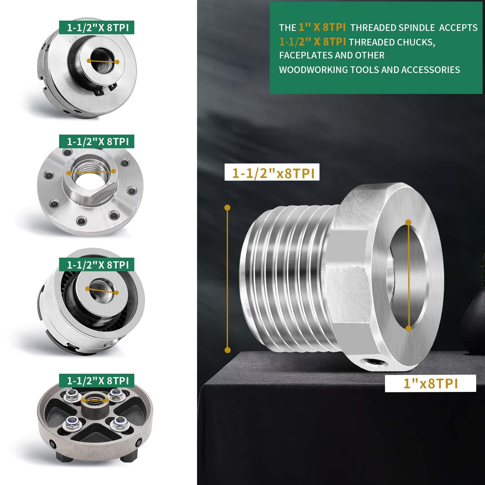 Adapter wrzeciona wrzeciona wrzeciona tokarskiego, konwertuje 1"x8 TPI na 1-1/2-8 TPI do tokarki do obróbki drewna