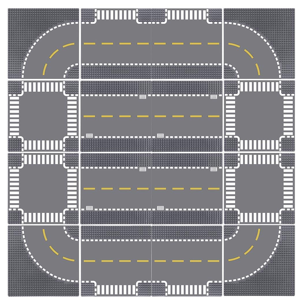 Lekebaby 12 Platten-Set Stadt Strassen Grundplatte, 25.5 * 25.5cm Straßenplatten 100% Kompatibel mit Meisten Marken, 4 Kurve/ 4 T-Kreuzung/ 3 Gerade/1 Kreuzung