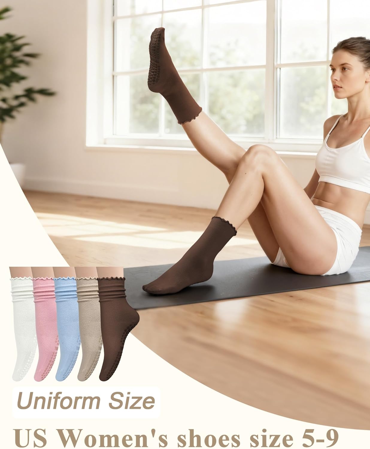 5 Pairs Pilates Socks with Grips for Women, Non Slip Cotton Ruffle Yoga Socks for Barre Workout Hospital - Image 6