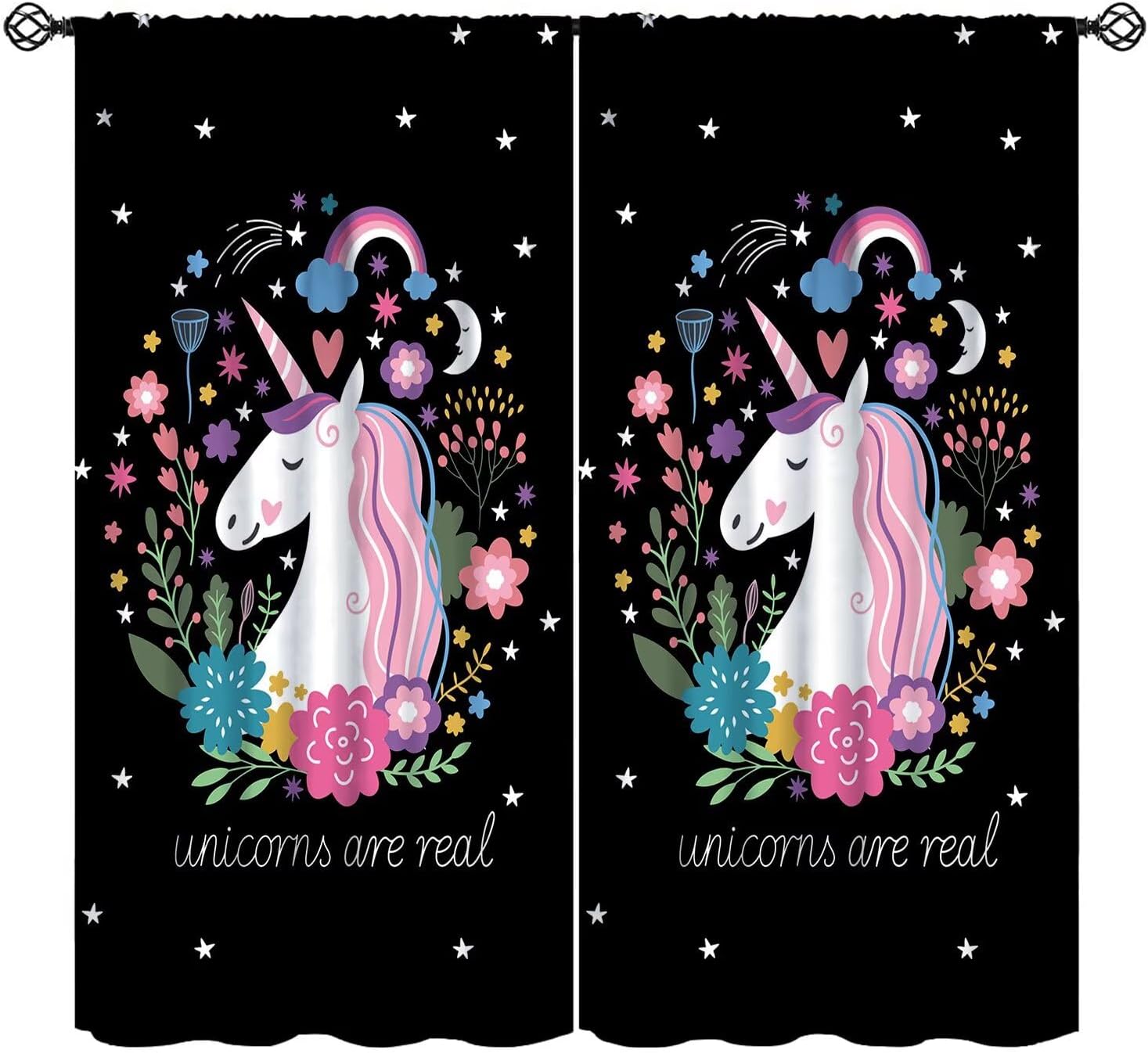 YCness Unicorn Curtains for Girls Bedroom Floral Rainbow Princess Unicorn Colorful Art Printed Window Drapes for Kids Children Nursery Decor Fabric Set 2 Panel 72x63 Inch 80% Shading Rate