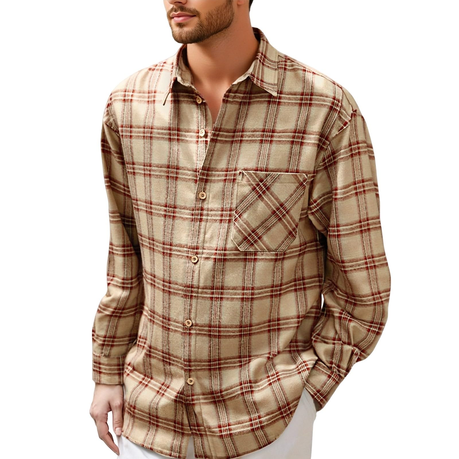 Mens Plaid Flannel Shirt Long Sleeve Check Lumberjack Button Down Casual Shirt with Chest Pocket Loose Fit