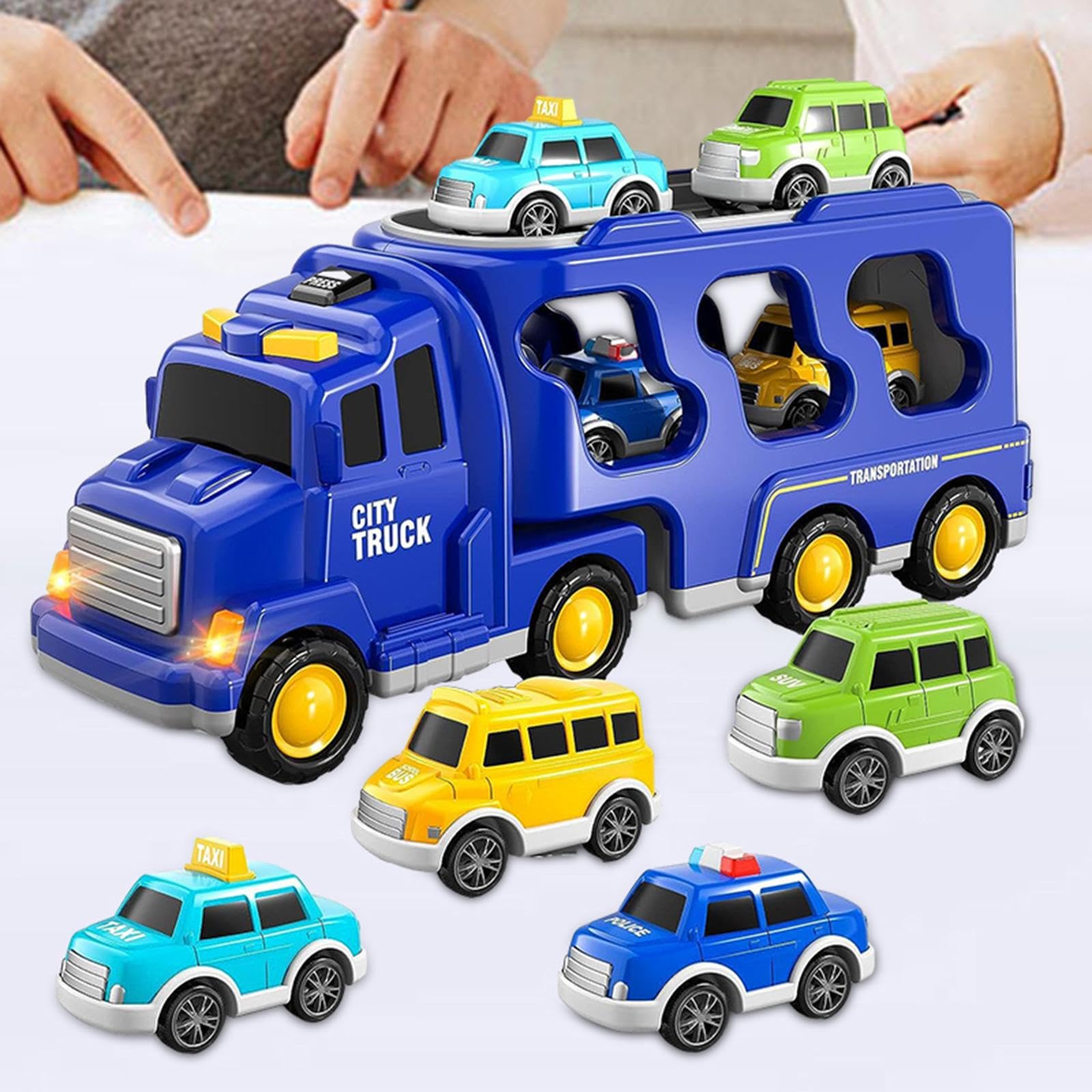 Reibungsbetriebener Spielzeug LKW mit Licht Und Soundeffekten, 7 in 1, für Jungen Und Mädchen, Blau