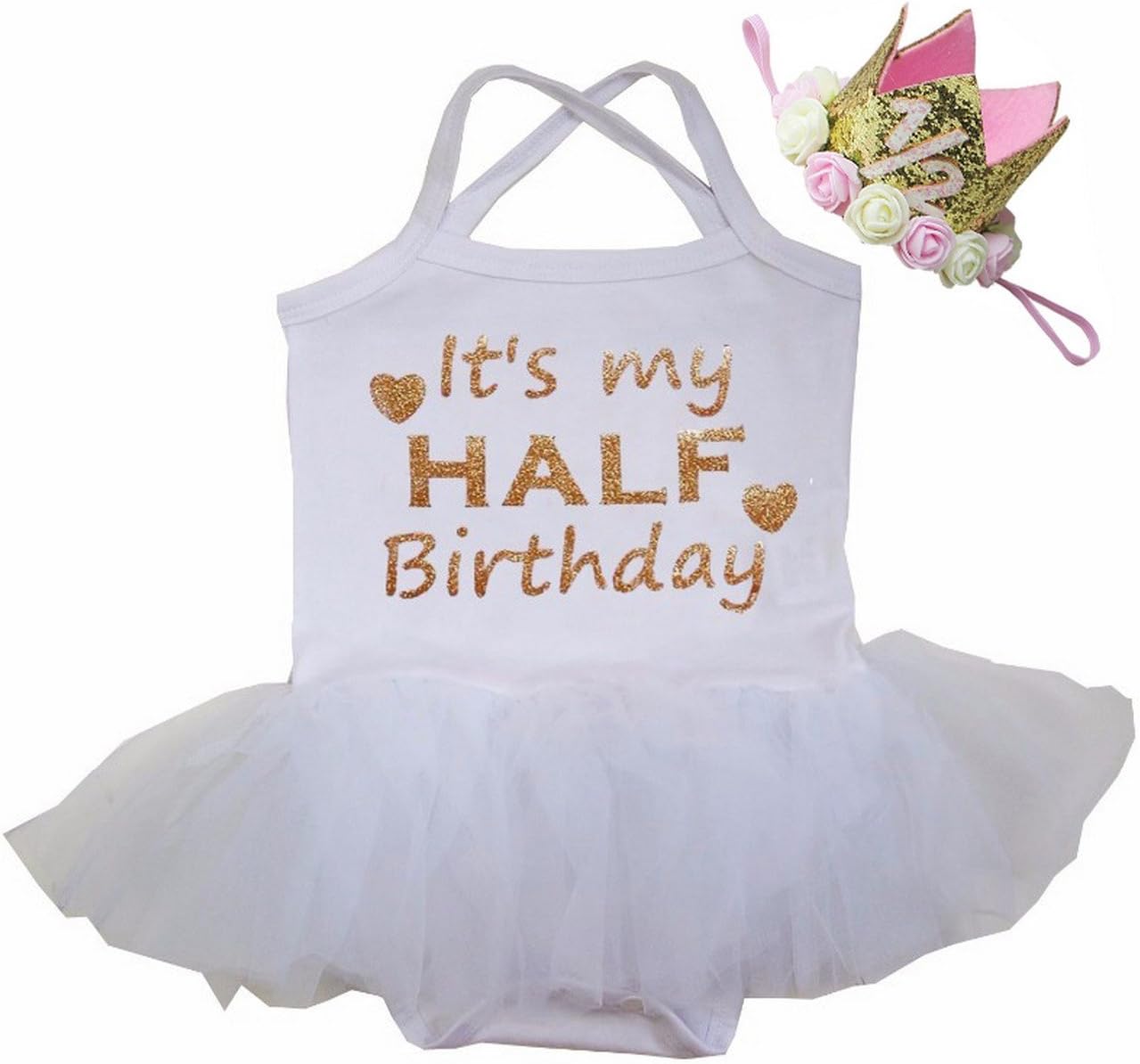Kirei Sui Baby Half Birthday Dress Tutu Bodysuit 1/2 Crown Headband M White