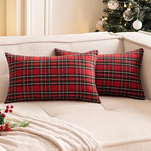 Miniatura 1 de Woaboy Juego de 2 fundas de almohada de tartán escocés de Navidad, almohadas decorativas clásicas a cuadros para sofá, sala de estar, cama, 18 x 18