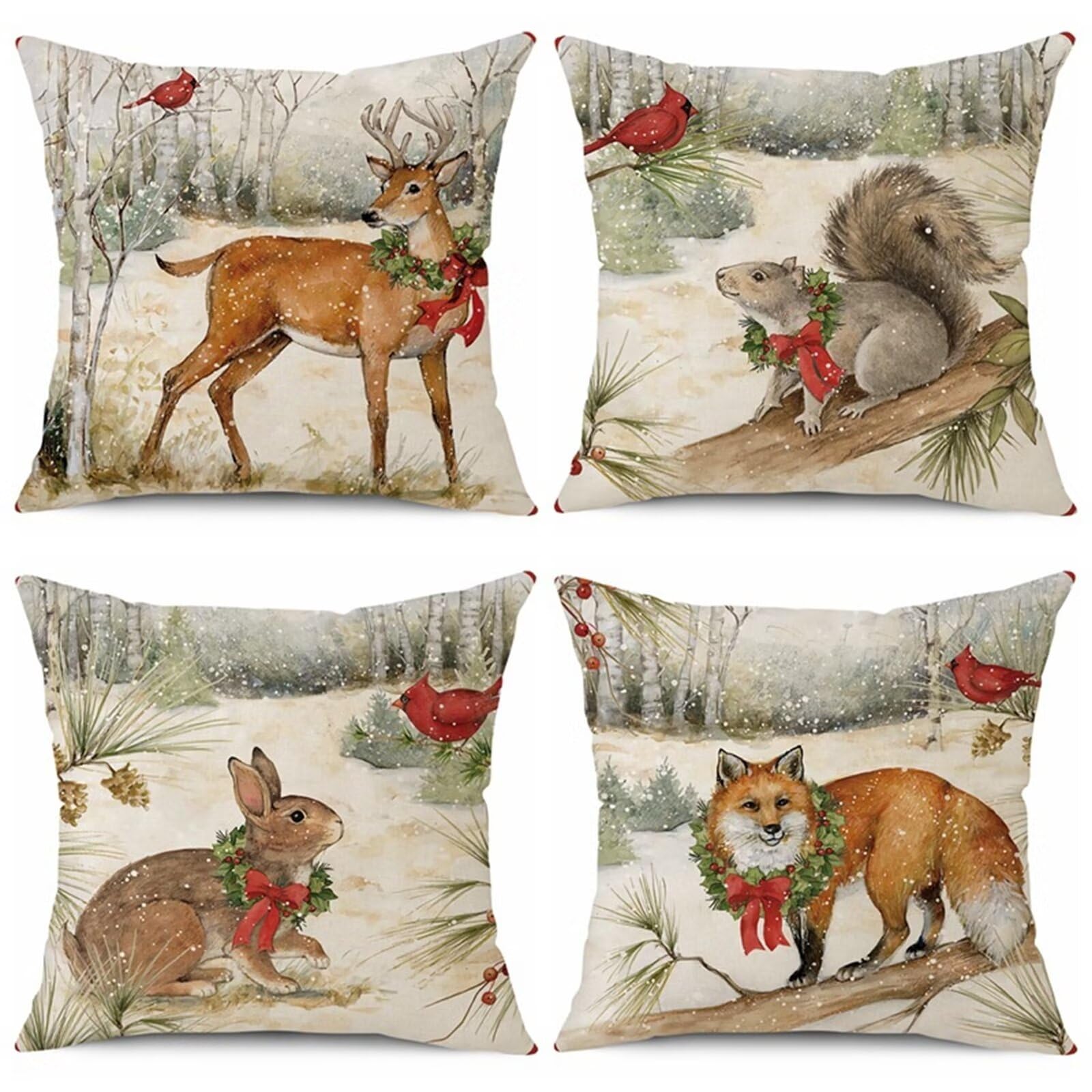Natale Fodere per Cuscini 60x60cm 4 Pezzi Animali di Natale Cuscini Caso Federa, Copricuscini Natalizi, Invernale Natalizie Divano Decorativi di Natale per Divano Soggiorno Auto Natalizie Decor