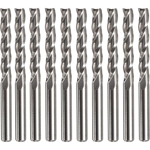 Yakamoz 10-Pack 1/8" Shank Upcut Spiral Router Bits 3-Flute 7/8" Cutting Length CNC Router Flat End Mill Bits for MDF Acrylic Wood PVC 7/8" Cutting Length