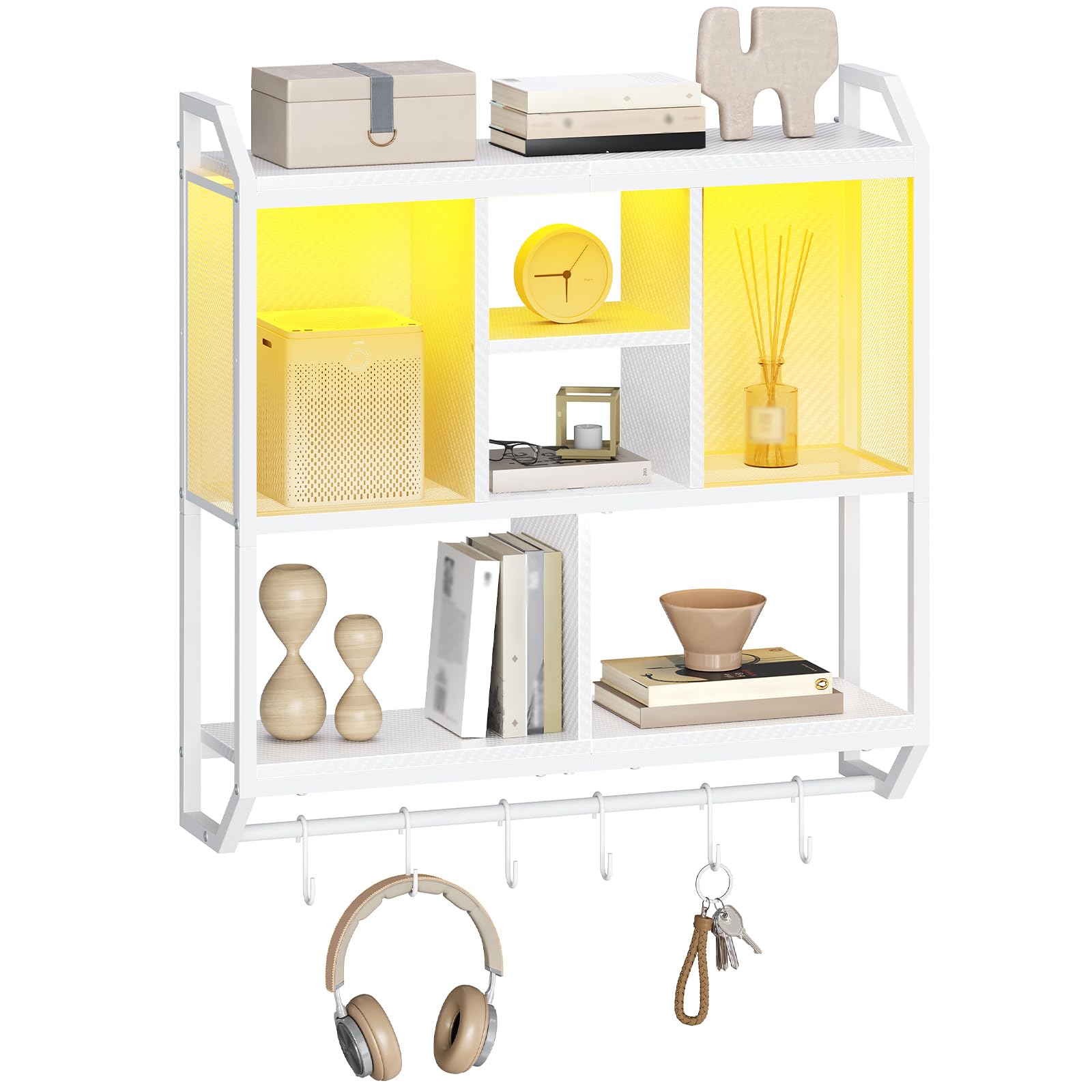 HOOBRO Gaming Floating Shelf, 73cm Wall Mounted Hanging Shelf with LED Lights, 4-Tier Display Rack for Wall Storage, Floating Storage Rack with 6 S-Hooks, for Gaming Room, White EWT70DBJ01