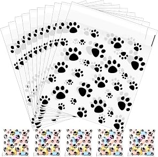 Pasimy 200 Pack Paw Print Self-Adhesive Clear Cellophane Bags - Pet Treat Pouches for Dog Party Favors & Supplies