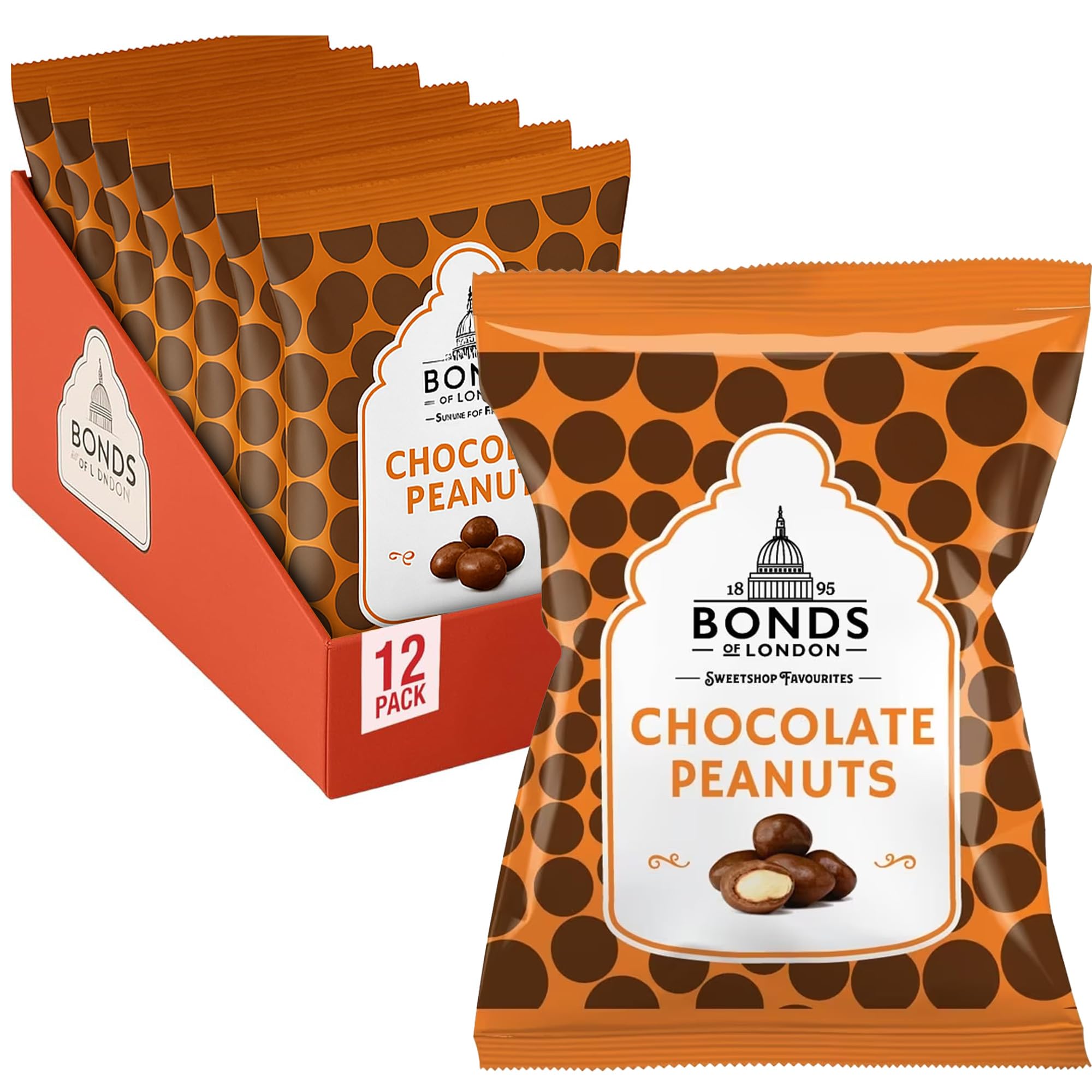 Bonds of London Chocolate Peanuts Bags, Traditional & Retro Milk Chocolate Coated Sweets, 75 g (Pack of 12)