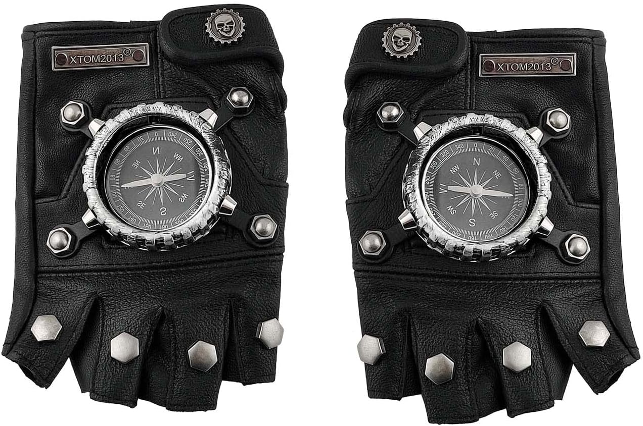 Black Leather Rock Punk Cosplay Gloves Compass Cool Gloves for Men with Bracelet