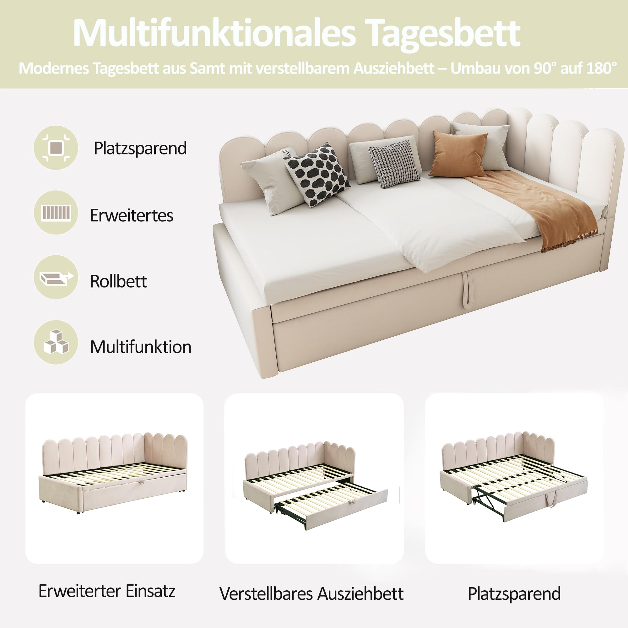 Sofá cama multifunción 2 en 1 en forma de L (90/180 x 200 cm), cama tapizada de terciopelo, diseño que ahorra espacio, se puede utilizar como cuna o cama de invitados, beige (sin colchón)