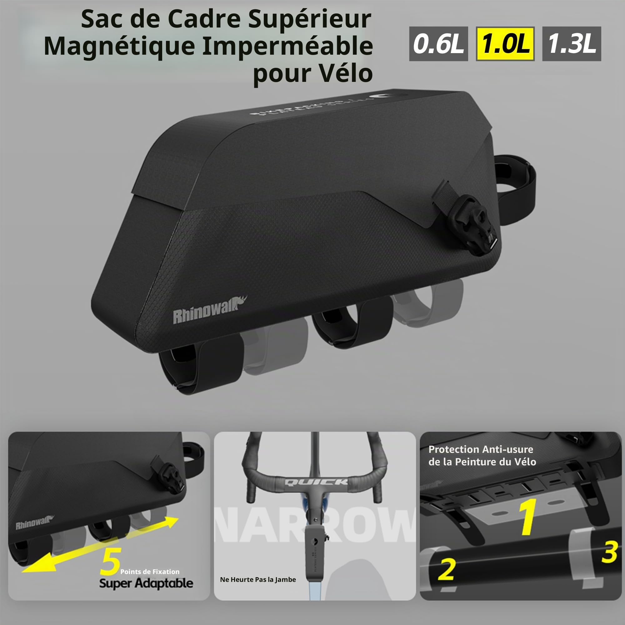 Rhinowalk Sacoche de cadre de vélo Sac triangulaire de vélo étanche sous le tube supérieur Sacoche de rangement avant Bikepacking