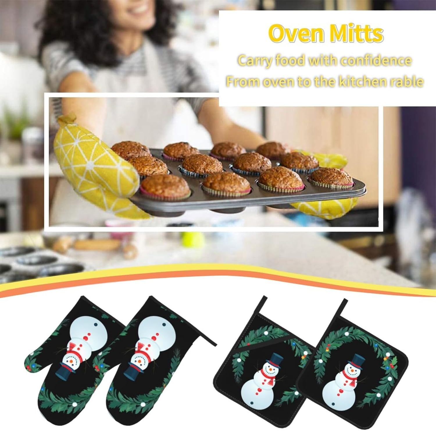 Snowman in Garland Prints Kitchen Covers: Waterproof Oven Layers for Safe Cooking & Easy Cleanup - 4 Piece Heat Protection Set