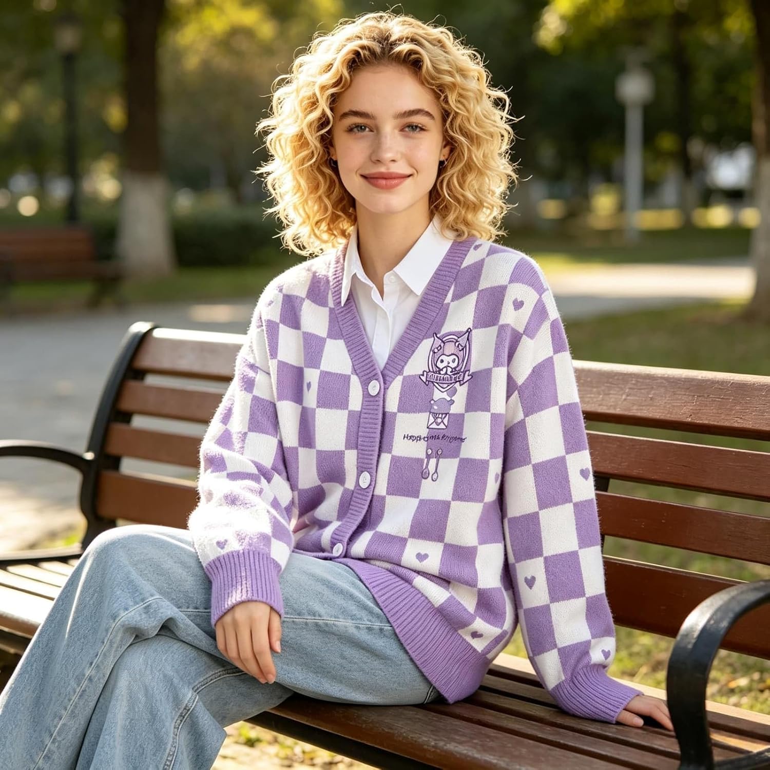 Anime Sweater Plaid Cardigan for Women Cosplay Costume V Neck Knit Long Sleeve Sweater